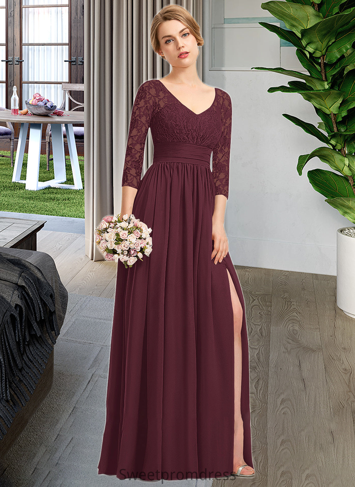 Yvonne A-Line V-neck Floor-Length Chiffon Lace Bridesmaid Dress With Ruffle Split Front DHP0013051