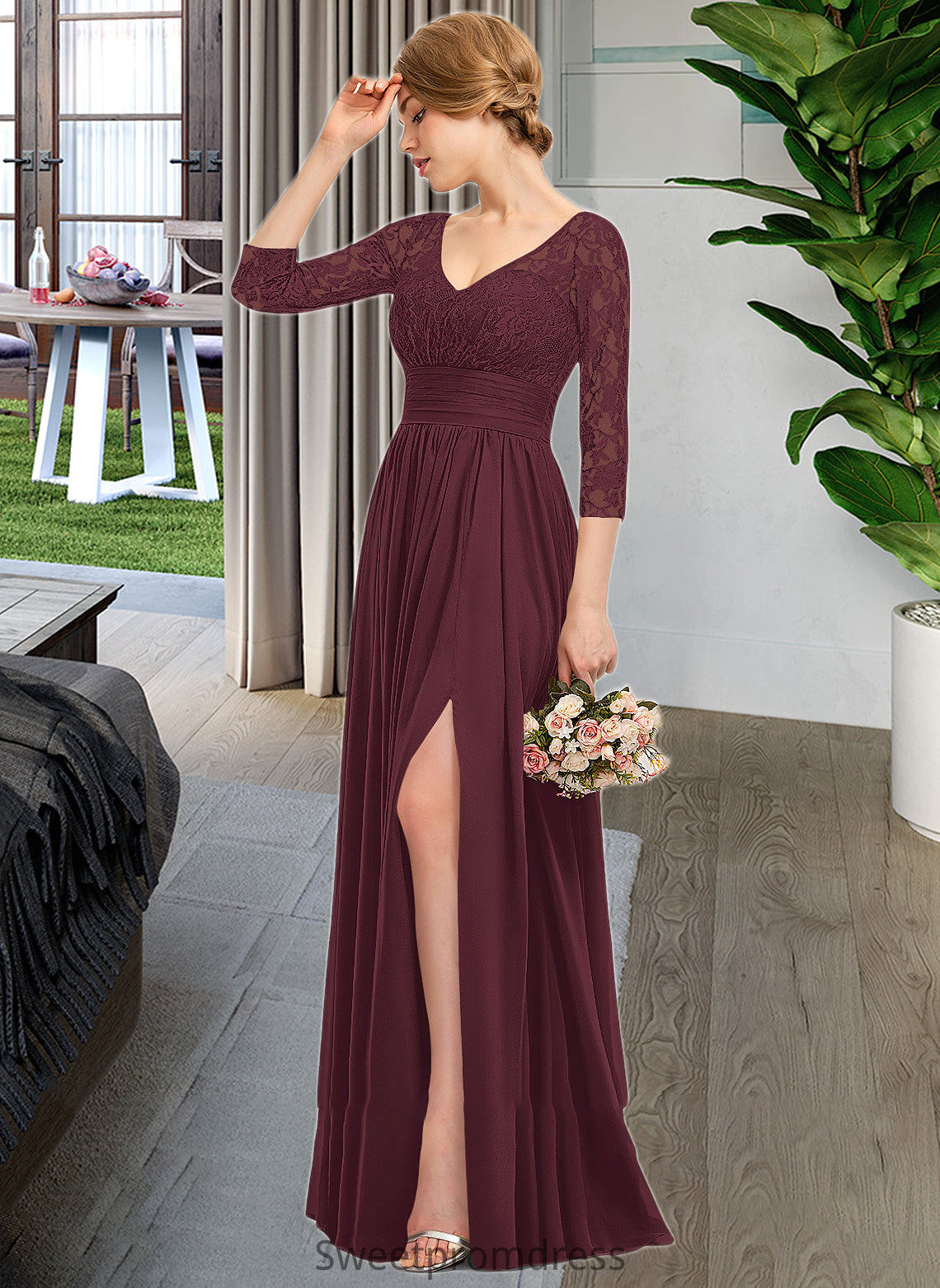 Yvonne A-Line V-neck Floor-Length Chiffon Lace Bridesmaid Dress With Ruffle Split Front DHP0013051