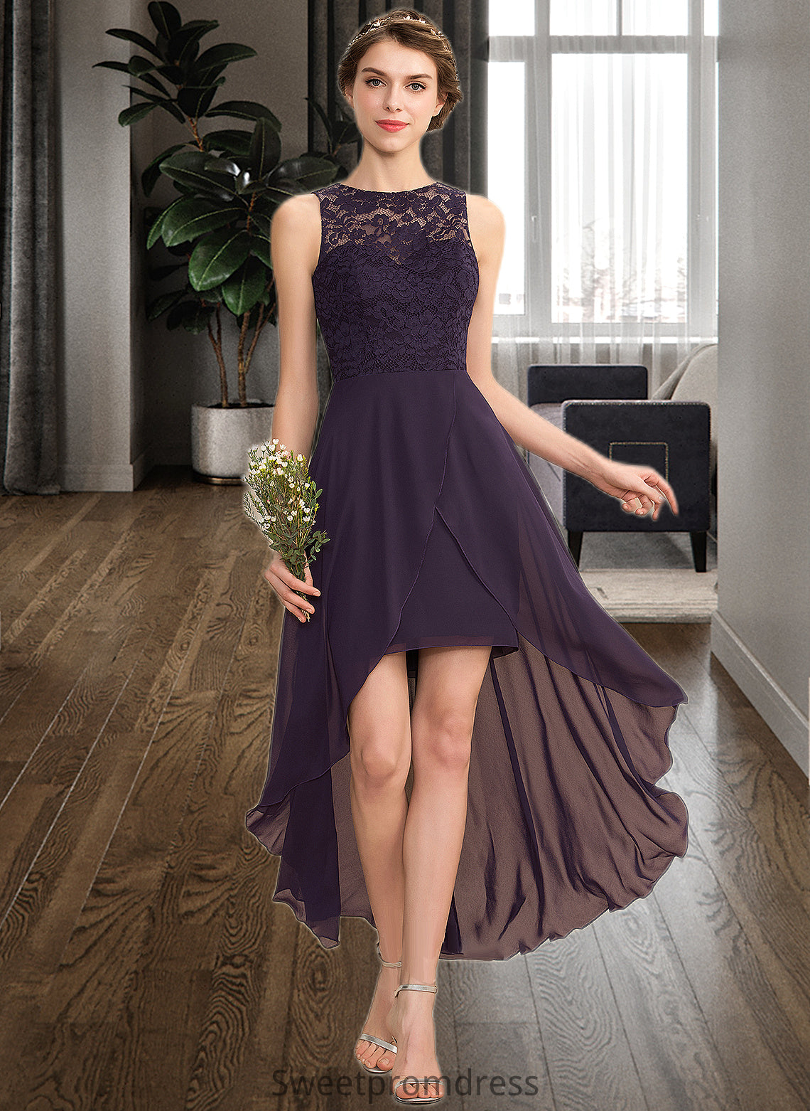 Joy A-Line Scoop Neck Asymmetrical Chiffon Lace Bridesmaid Dress DHP0013052