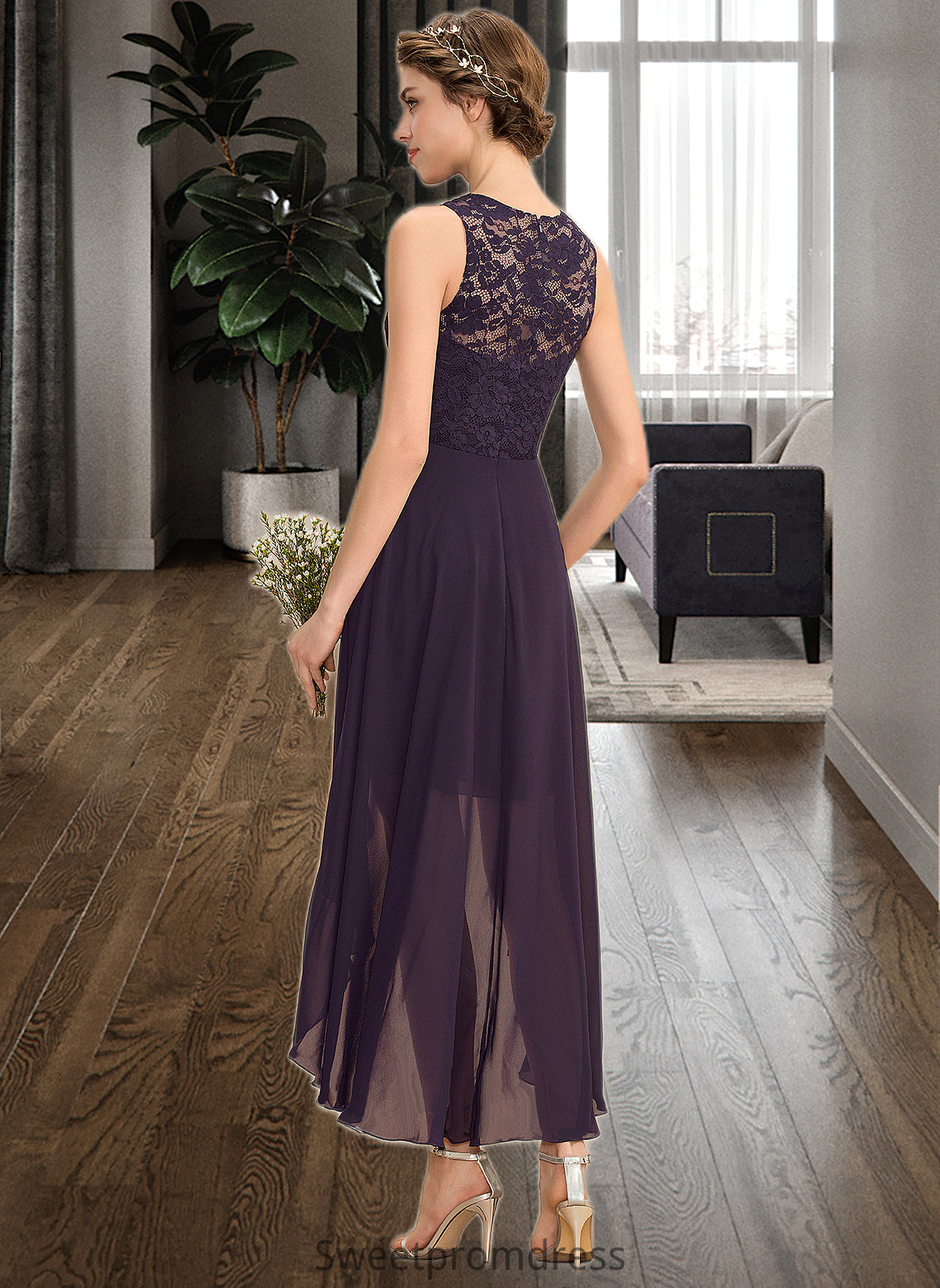 Joy A-Line Scoop Neck Asymmetrical Chiffon Lace Bridesmaid Dress DHP0013052