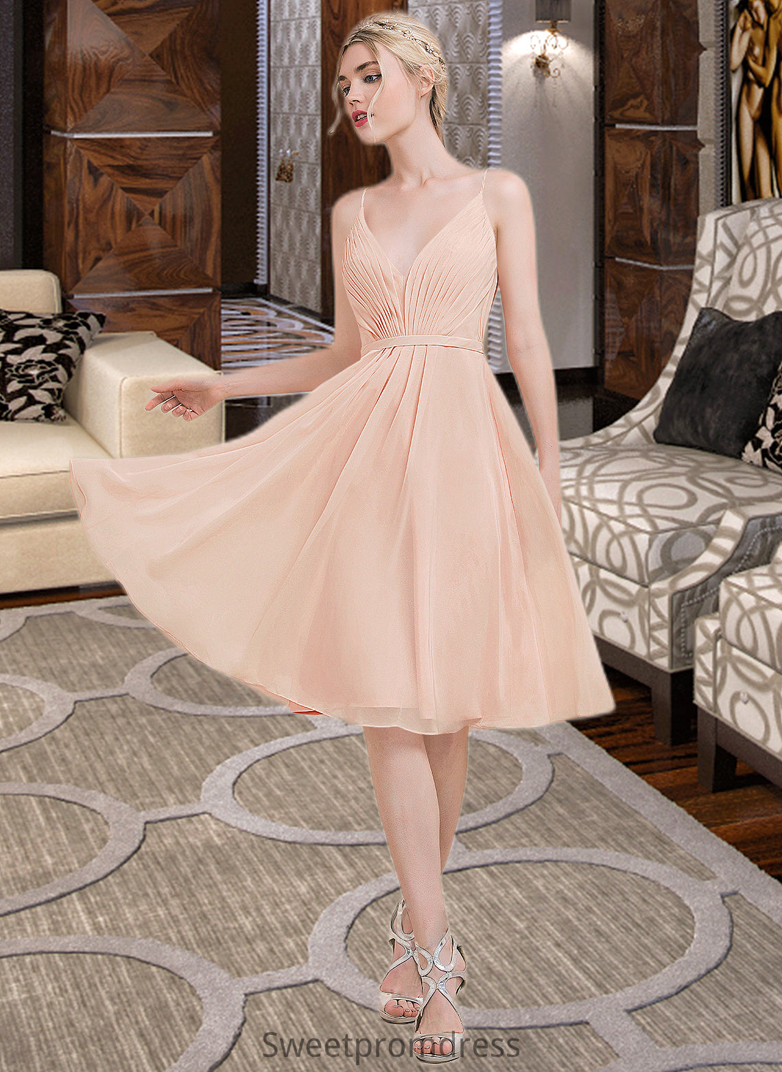 Kelsey A-line V-Neck Knee-Length Chiffon Bridesmaid Dress With Ruffle DHP0013053