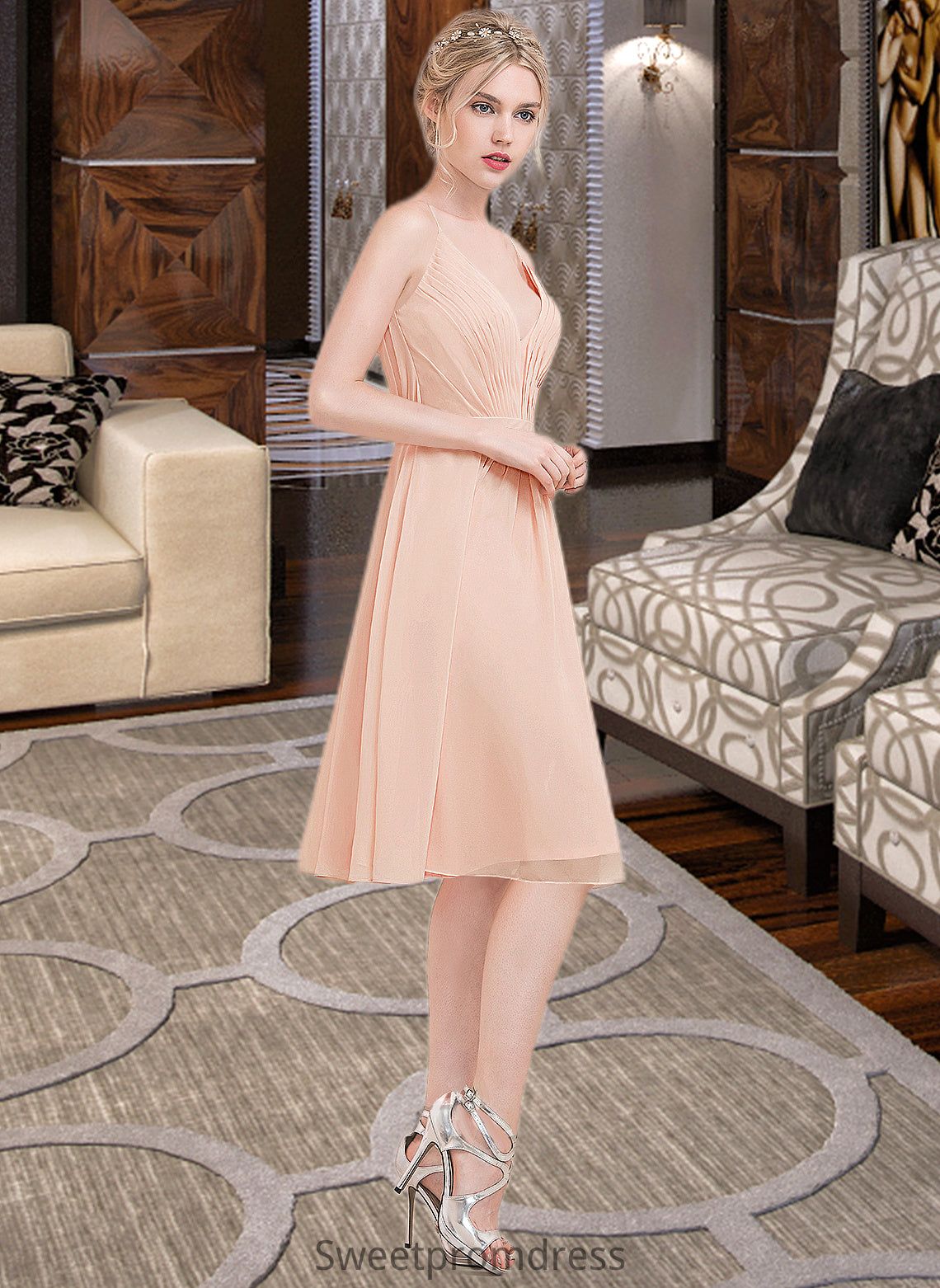 Kelsey A-line V-Neck Knee-Length Chiffon Bridesmaid Dress With Ruffle DHP0013053