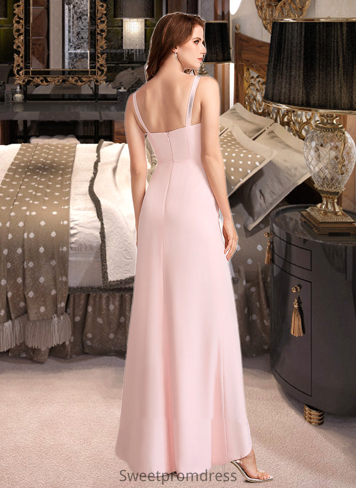 Mira Sheath/Column V-neck Floor-Length Bridesmaid Dress With Split Front DHP0013055