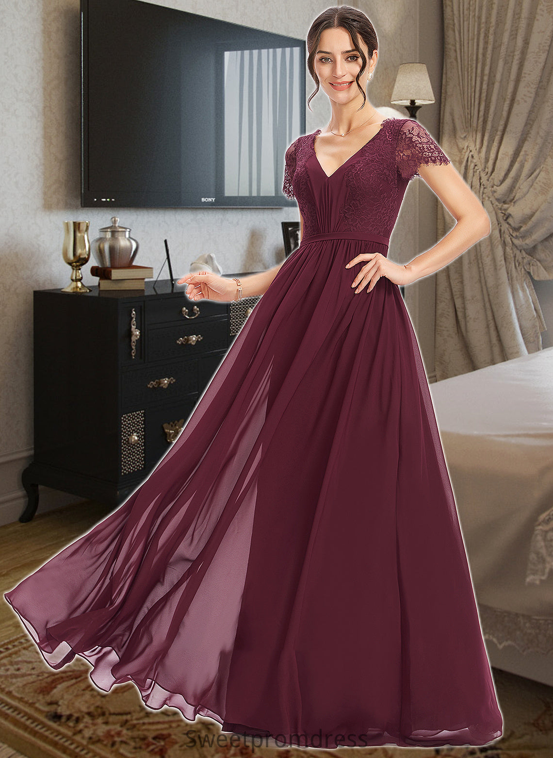 Harmony A-Line V-neck Floor-Length Bridesmaid Dress With Lace DHP0013056