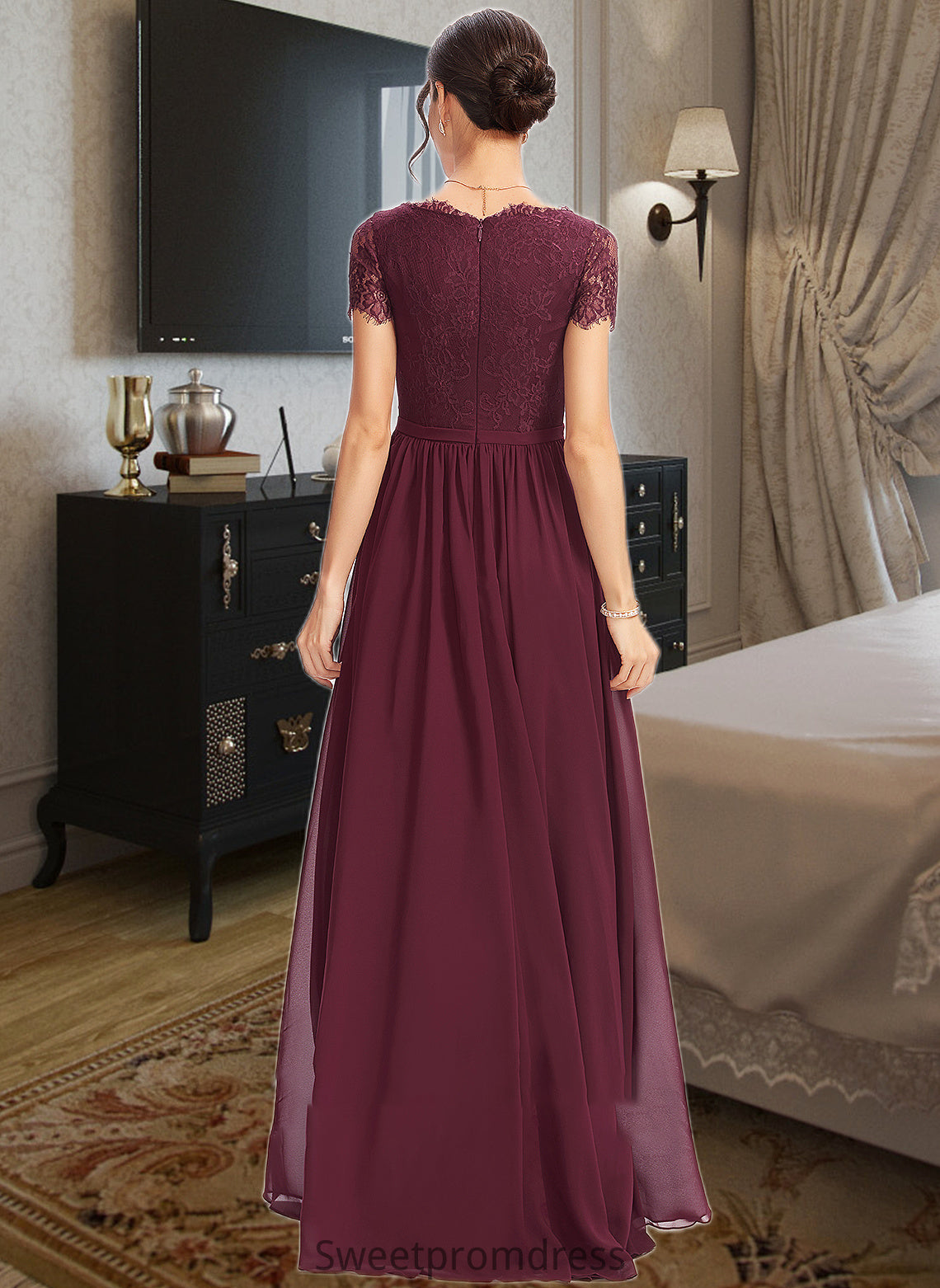 Harmony A-Line V-neck Floor-Length Bridesmaid Dress With Lace DHP0013056