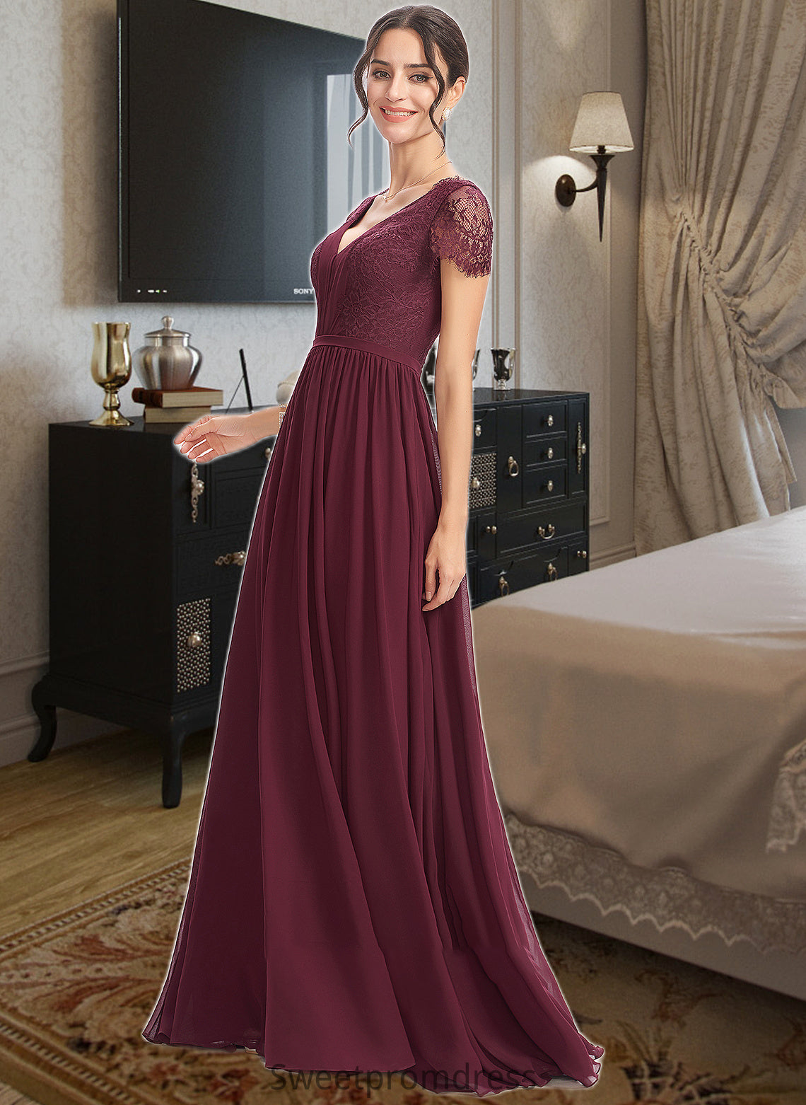 Harmony A-Line V-neck Floor-Length Bridesmaid Dress With Lace DHP0013056