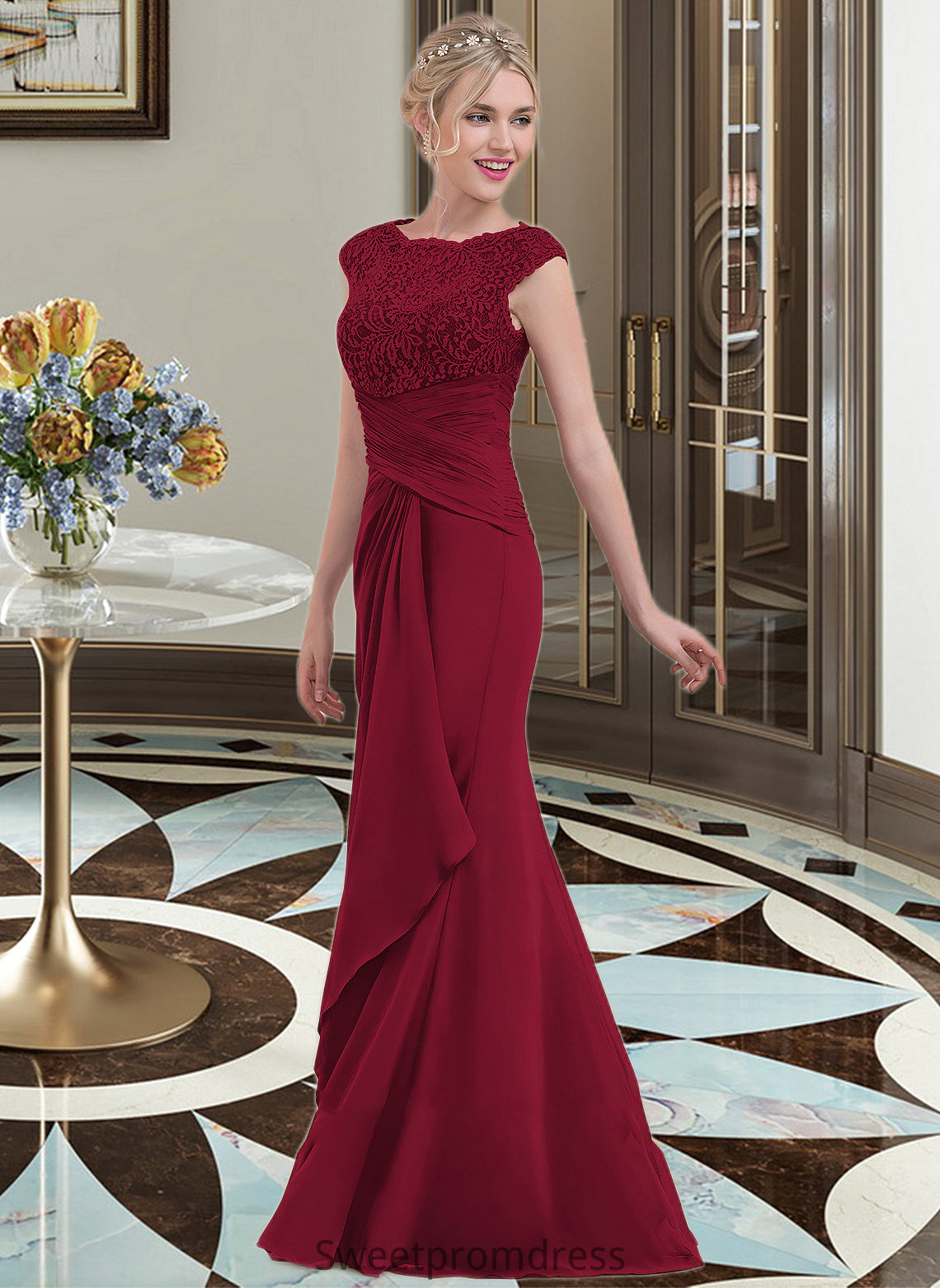 Yaritza Sheath/Column Scoop Neck Floor-Length Chiffon Lace Bridesmaid Dress With Cascading Ruffles DHP0013057