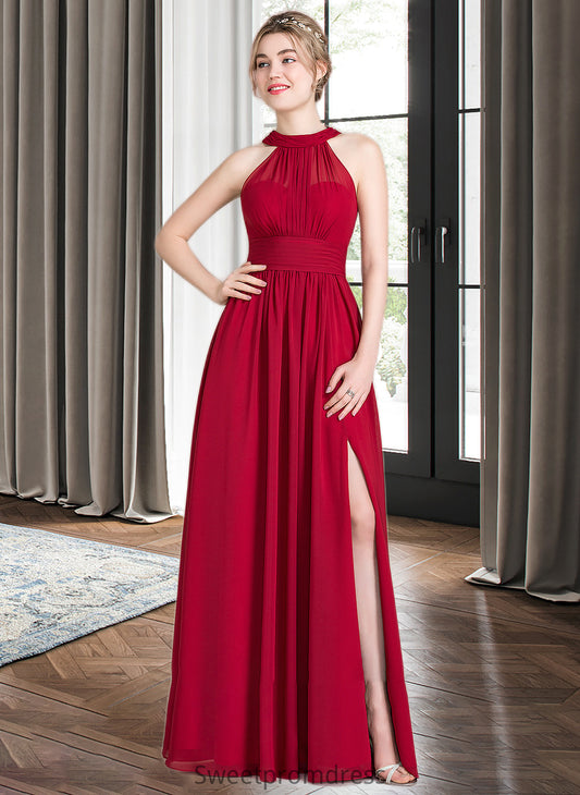 Danna A-Line Scoop Neck Floor-Length Chiffon Bridesmaid Dress With Ruffle Bow(s) Split Front DHP0013058