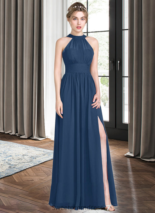 Danna A-Line Scoop Neck Floor-Length Chiffon Bridesmaid Dress With Ruffle Bow(s) Split Front DHP0013058