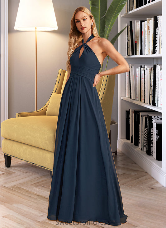 Krystal A-Line Halter Floor-Length Bridesmaid Dress With Ruffle DHP0013059