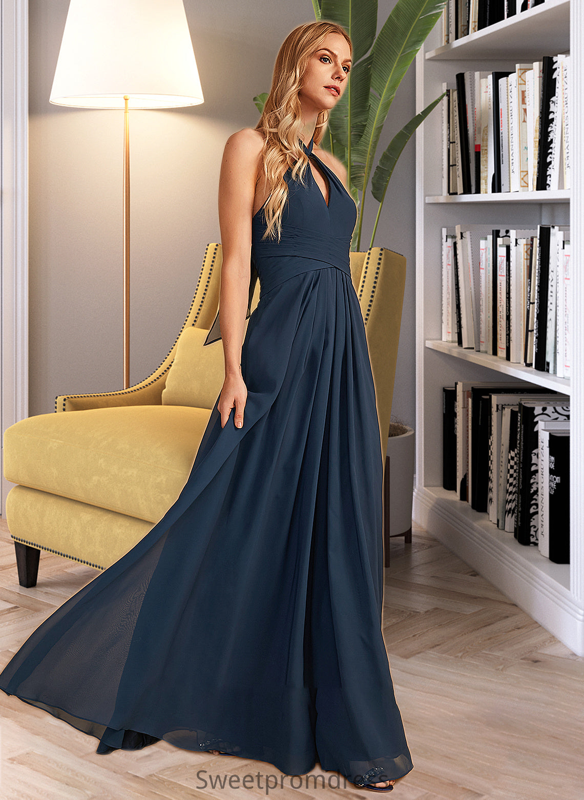 Krystal A-Line Halter Floor-Length Bridesmaid Dress With Ruffle DHP0013059