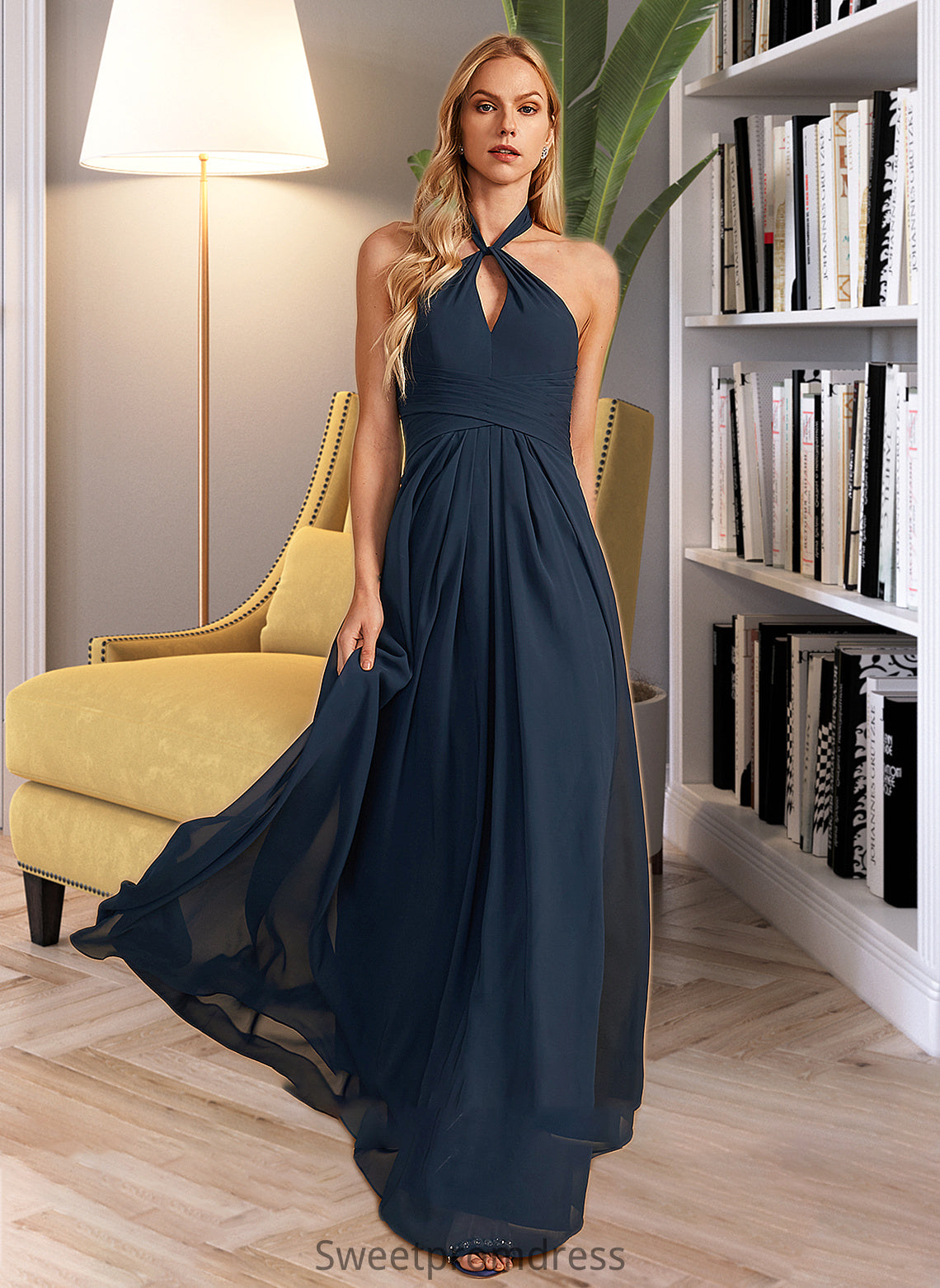 Krystal A-Line Halter Floor-Length Bridesmaid Dress With Ruffle DHP0013059