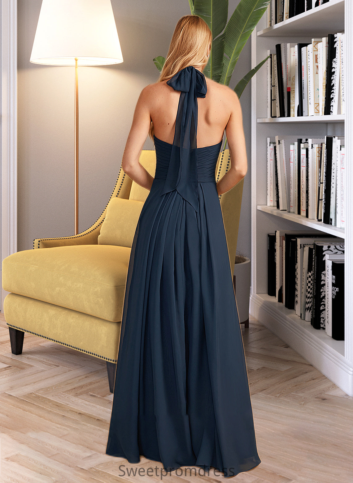 Krystal A-Line Halter Floor-Length Bridesmaid Dress With Ruffle DHP0013059