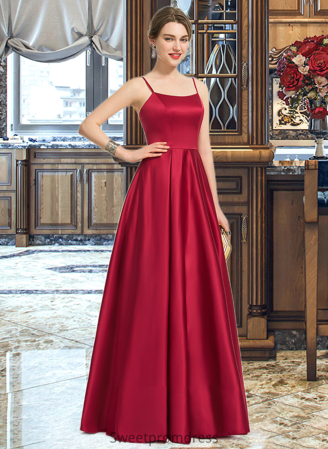 Diana A-Line Square Neckline Floor-Length Satin Bridesmaid Dress DHP0013060