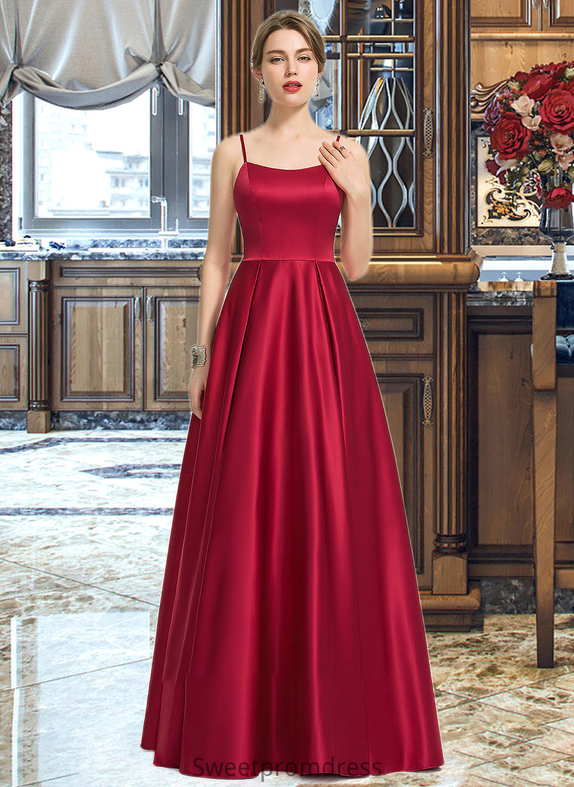 Diana A-Line Square Neckline Floor-Length Satin Bridesmaid Dress DHP0013060