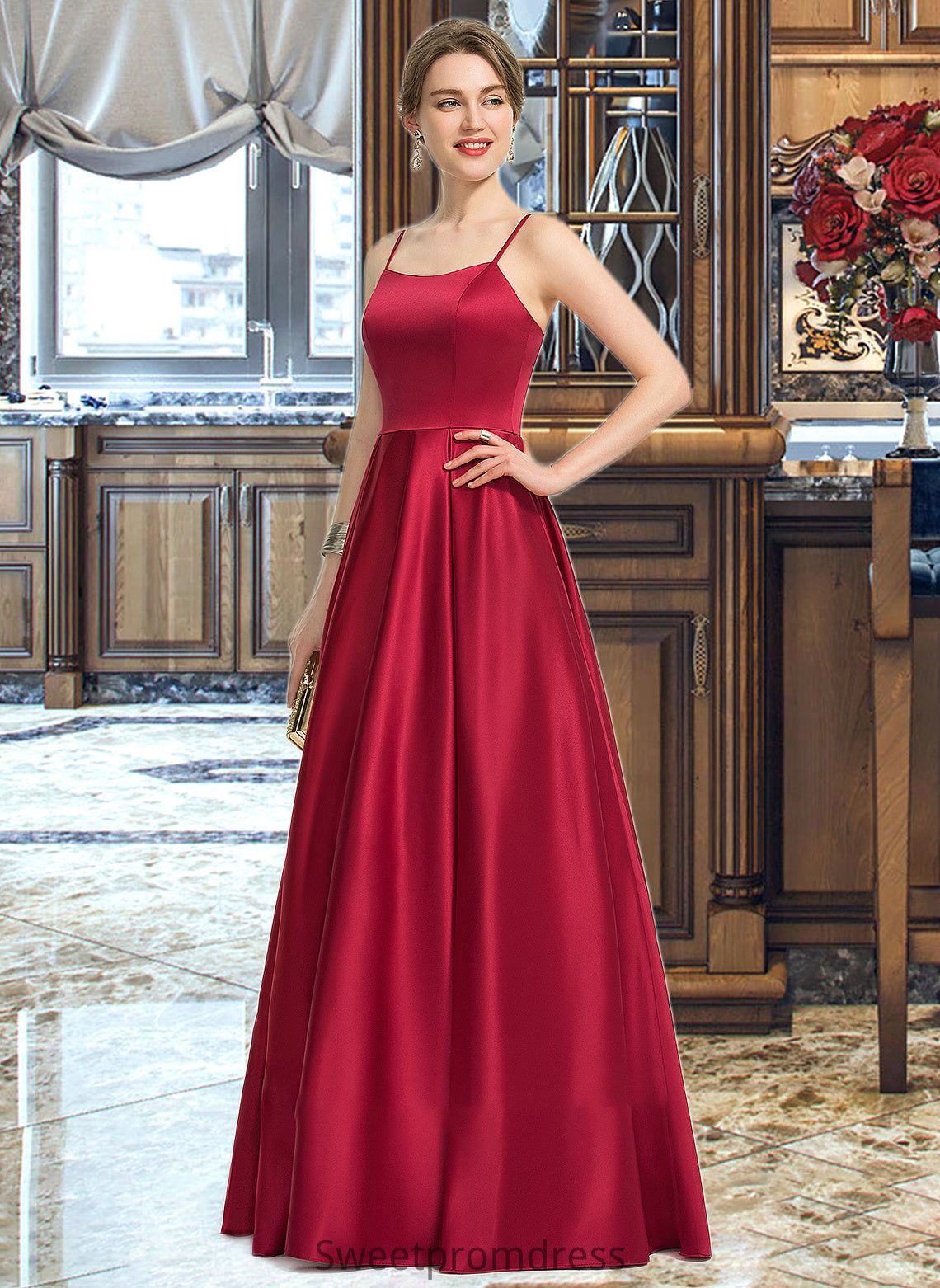 Diana A-Line Square Neckline Floor-Length Satin Bridesmaid Dress DHP0013060