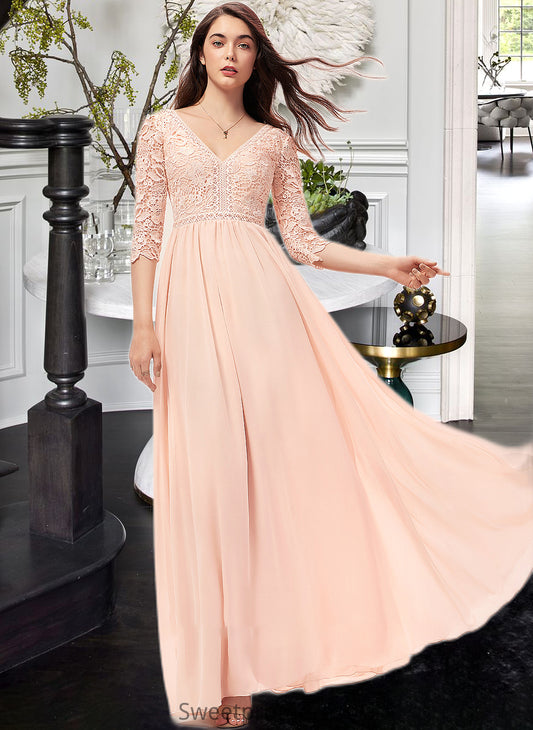 Yaretzi A-line V-Neck Floor-Length Chiffon Lace Bridesmaid Dress DHP0013062