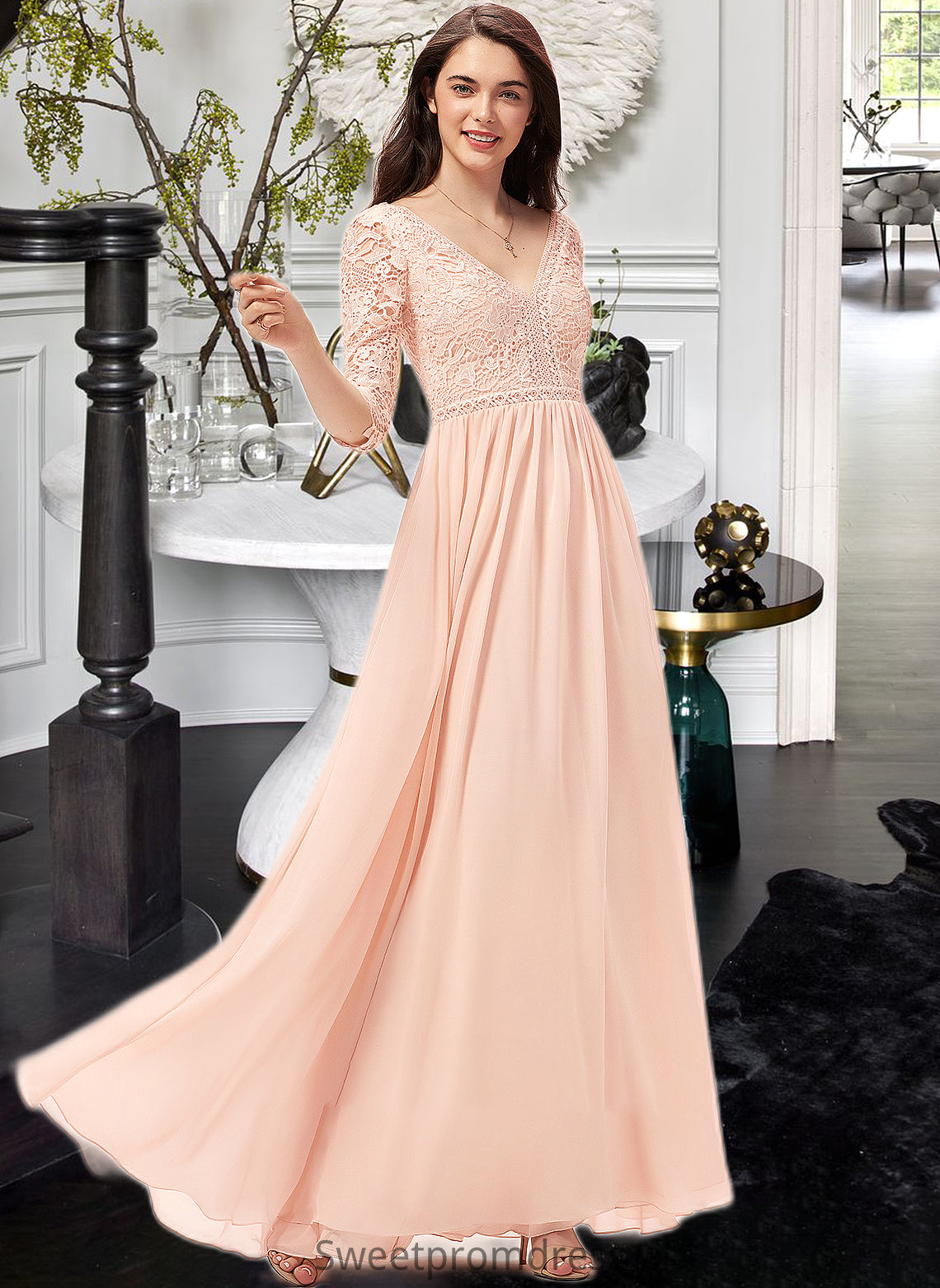 Yaretzi A-line V-Neck Floor-Length Chiffon Lace Bridesmaid Dress DHP0013062