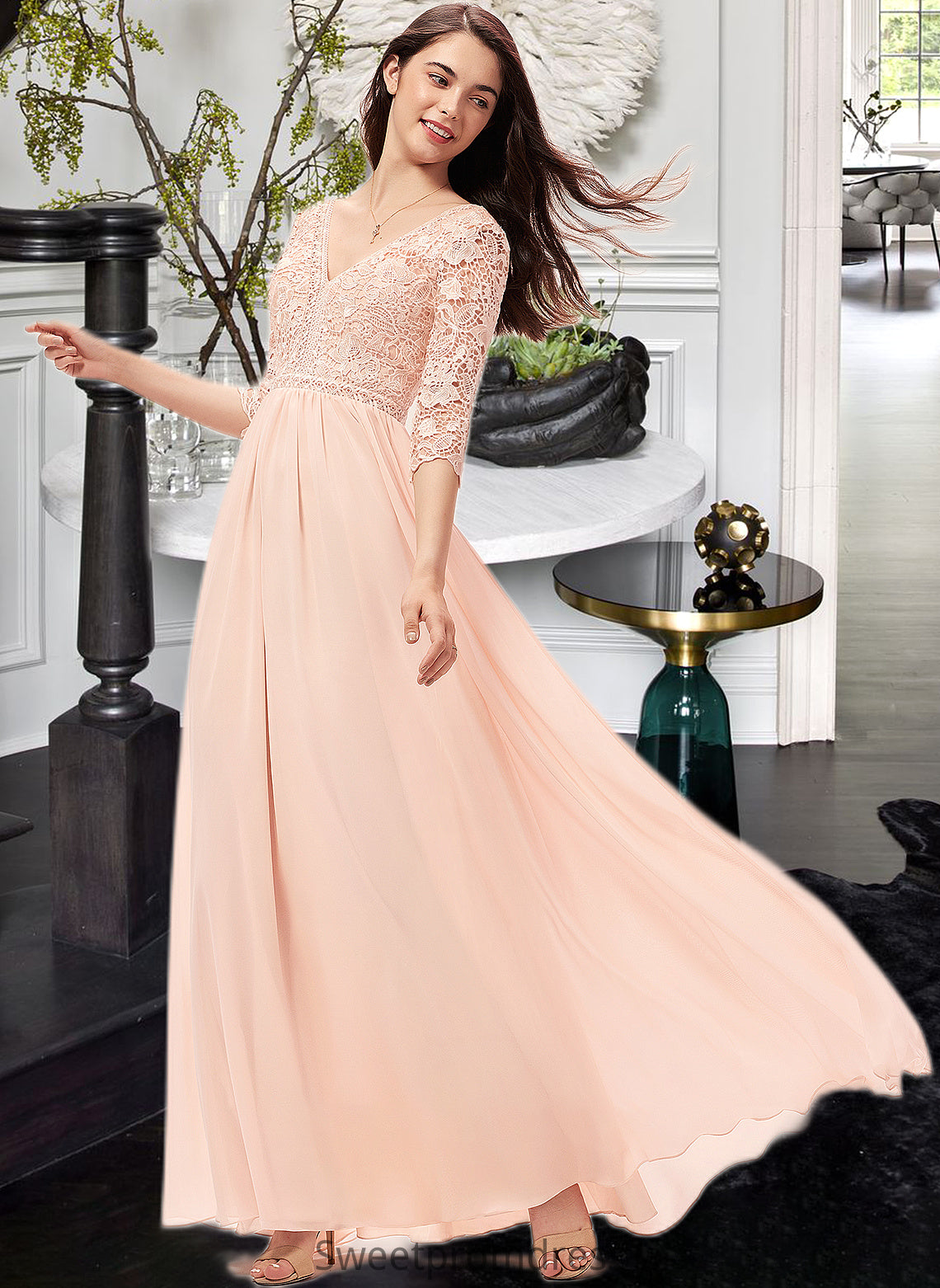 Yaretzi A-line V-Neck Floor-Length Chiffon Lace Bridesmaid Dress DHP0013062