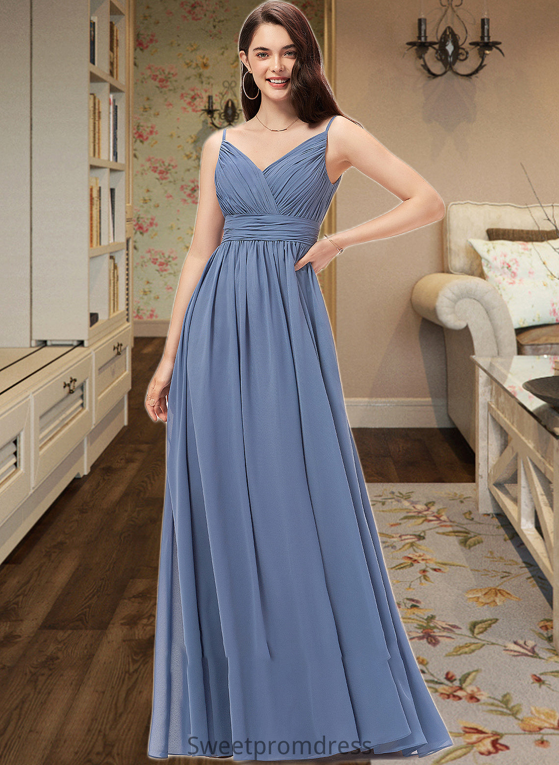 Nydia A-line V-Neck Floor-Length Chiffon Bridesmaid Dress DHP0013063