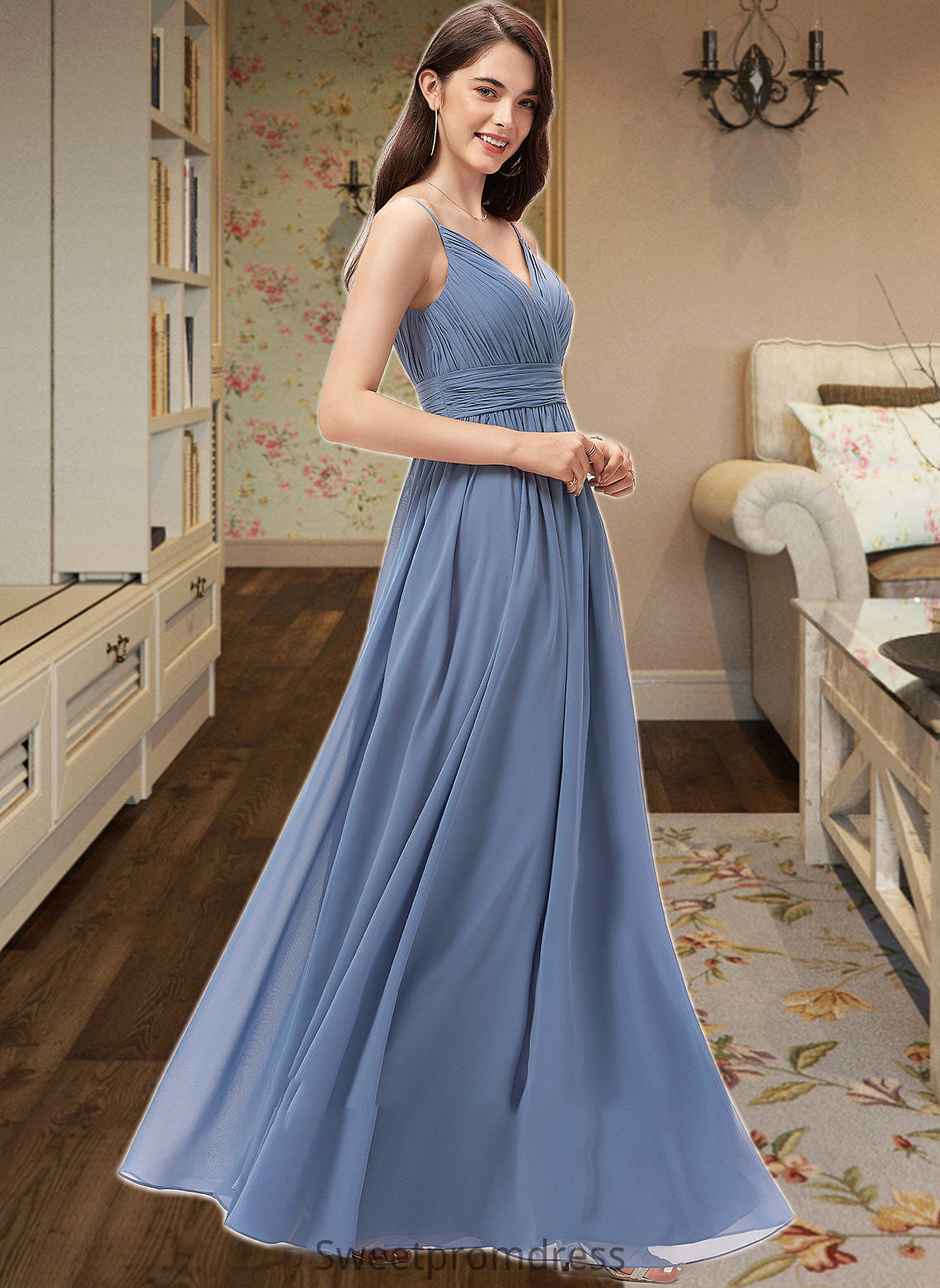 Nydia A-line V-Neck Floor-Length Chiffon Bridesmaid Dress DHP0013063