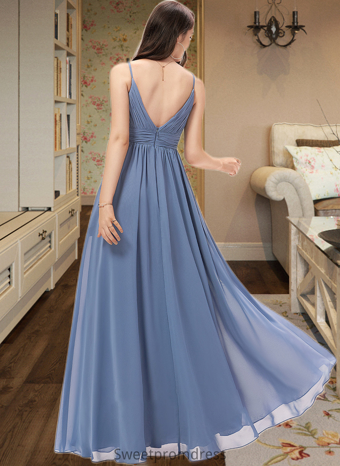 Nydia A-line V-Neck Floor-Length Chiffon Bridesmaid Dress DHP0013063