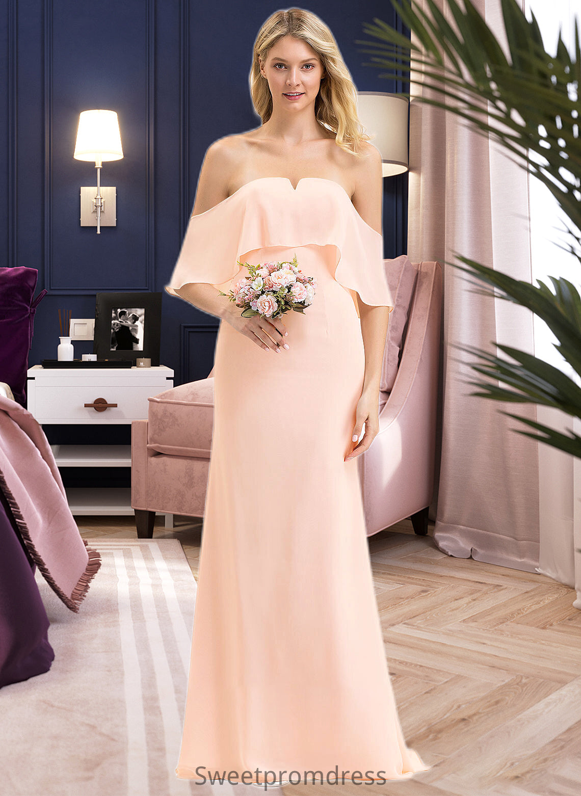 Thelma Trumpet/Mermaid Off the Shoulder Sweep Train Chiffon Bridesmaid Dress DHP0013064