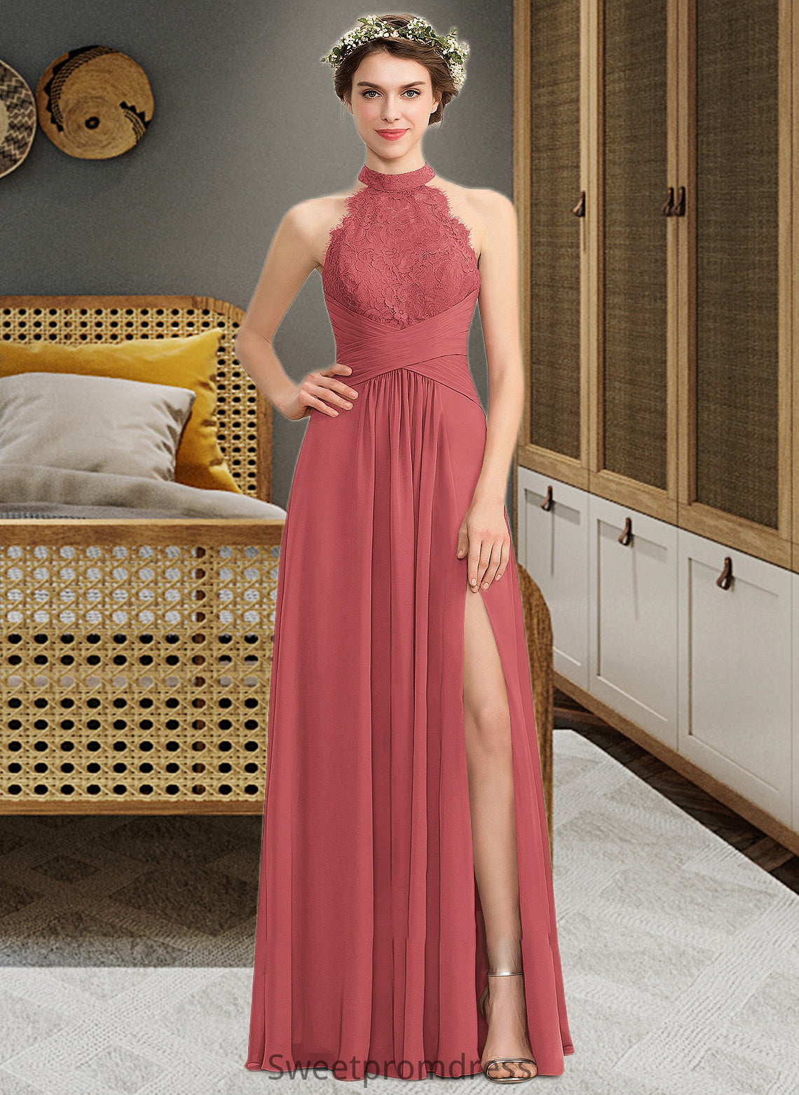 Amelie A-Line High Neck Floor-Length Chiffon Lace Bridesmaid Dress With Ruffle Split Front DHP0013065