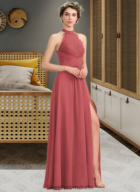 Amelie A-Line High Neck Floor-Length Chiffon Lace Bridesmaid Dress With Ruffle Split Front DHP0013065