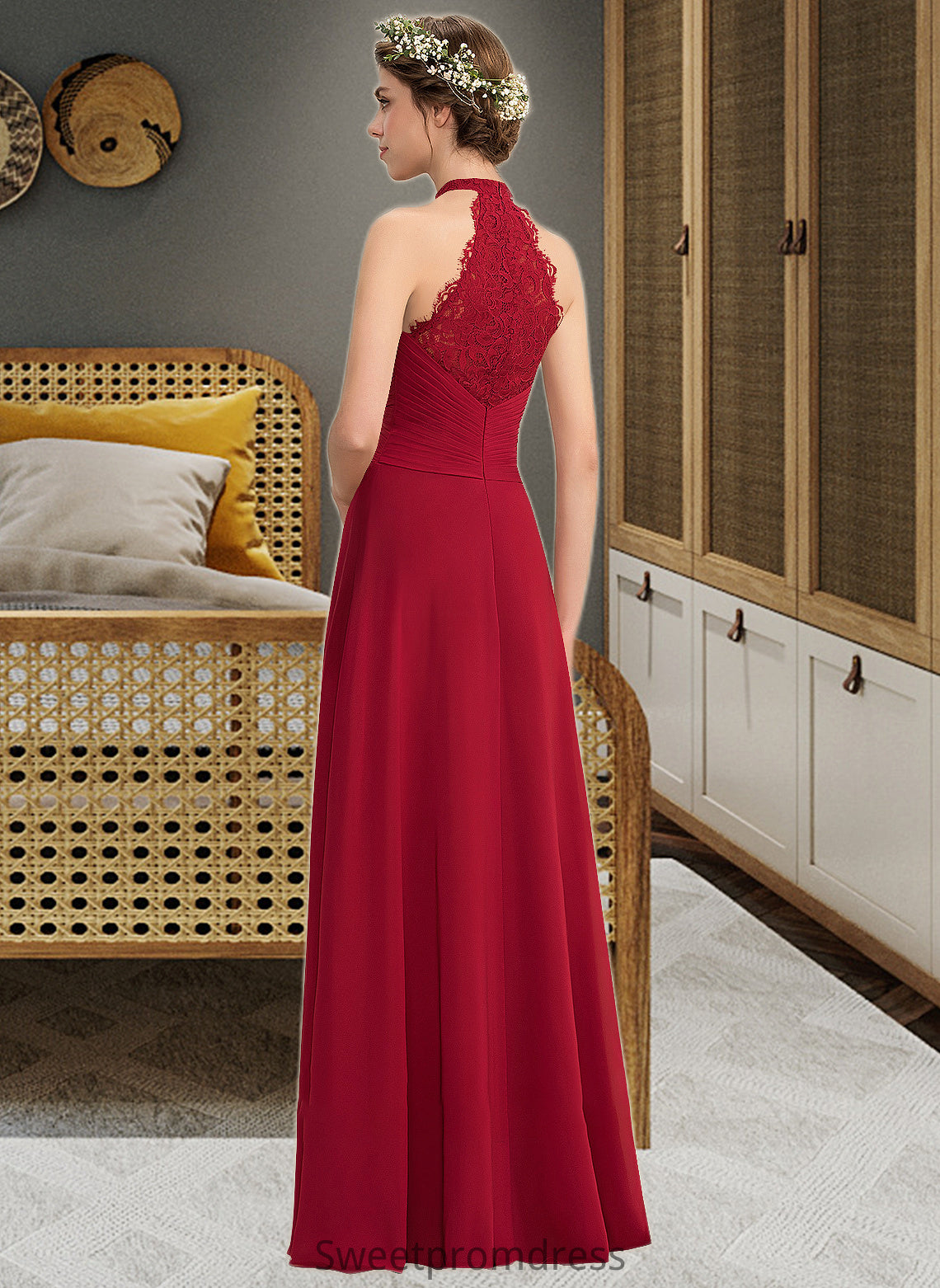 Amelie A-Line High Neck Floor-Length Chiffon Lace Bridesmaid Dress With Ruffle Split Front DHP0013065