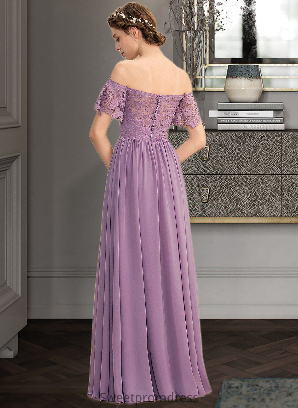 Izabelle A-Line Off-the-Shoulder Floor-Length Chiffon Lace Bridesmaid Dress With Split Front DHP0013066