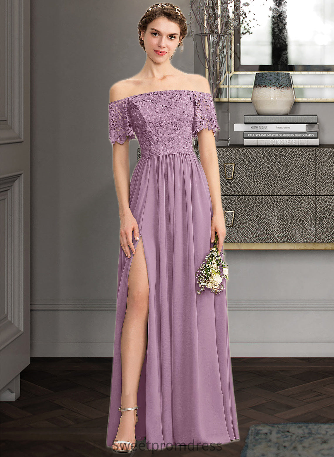 Izabelle A-Line Off-the-Shoulder Floor-Length Chiffon Lace Bridesmaid Dress With Split Front DHP0013066