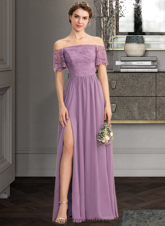 Izabelle A-Line Off-the-Shoulder Floor-Length Chiffon Lace Bridesmaid Dress With Split Front DHP0013066