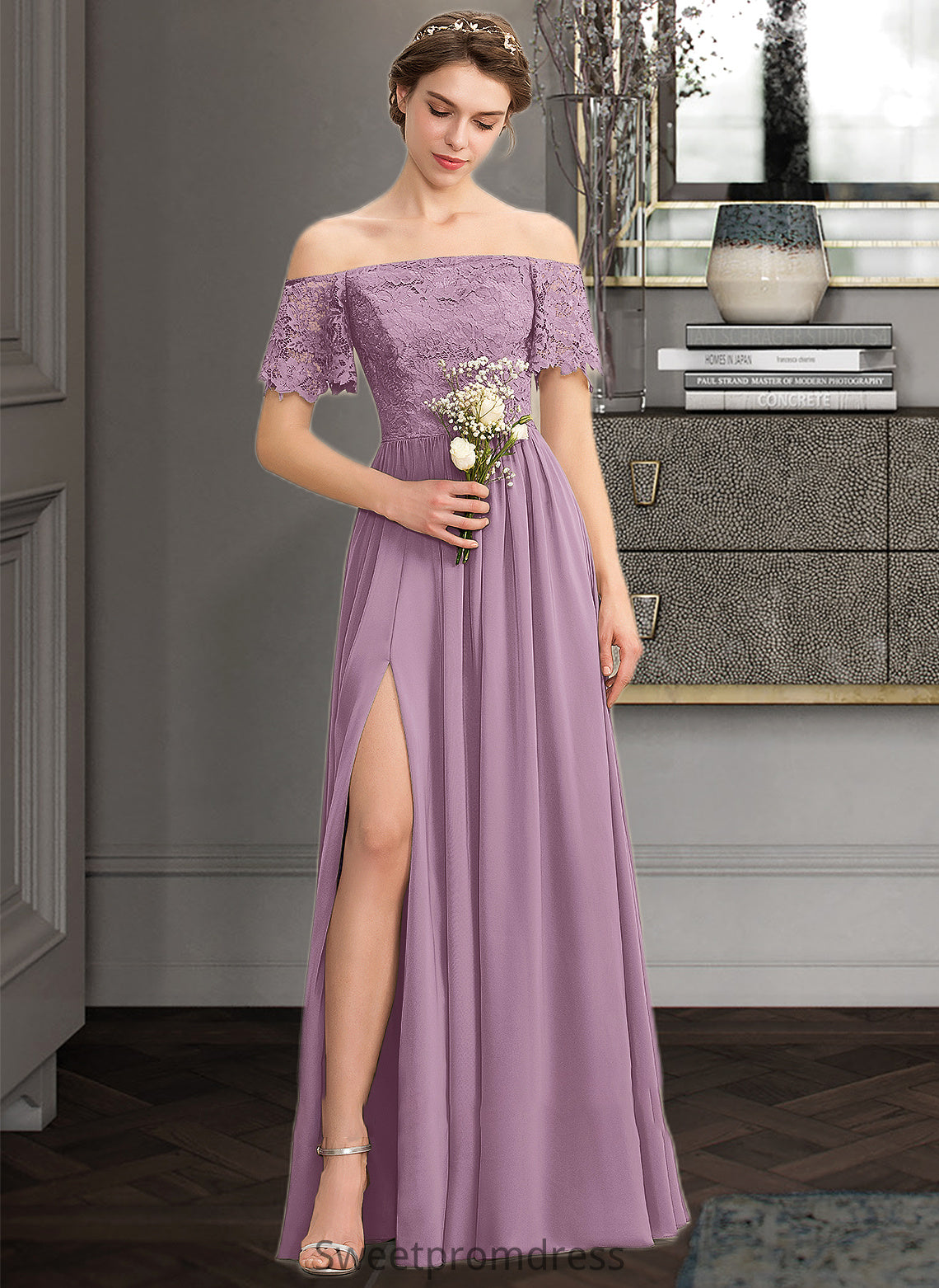 Izabelle A-Line Off-the-Shoulder Floor-Length Chiffon Lace Bridesmaid Dress With Split Front DHP0013066