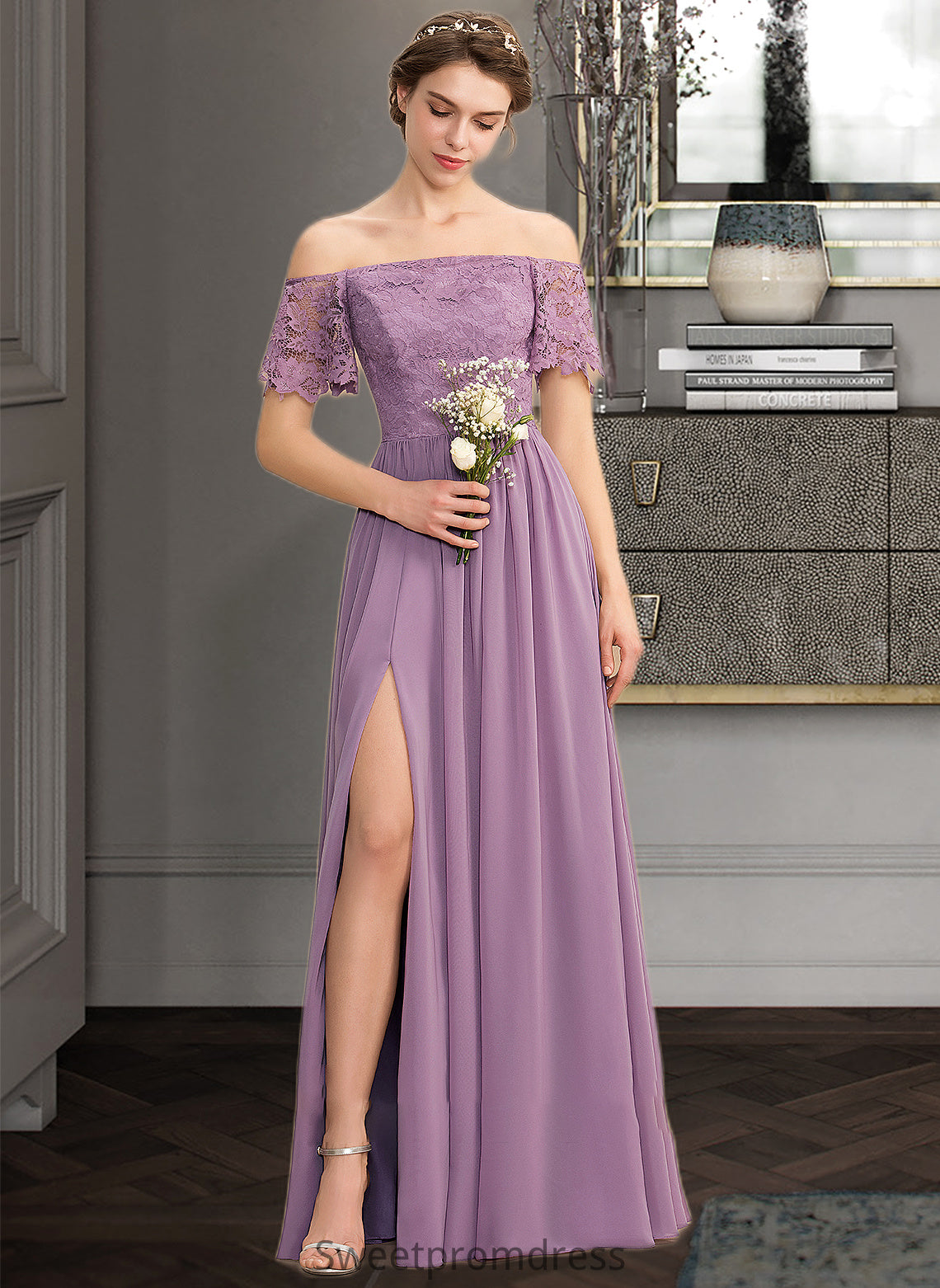 Izabelle A-Line Off-the-Shoulder Floor-Length Chiffon Lace Bridesmaid Dress With Split Front DHP0013066