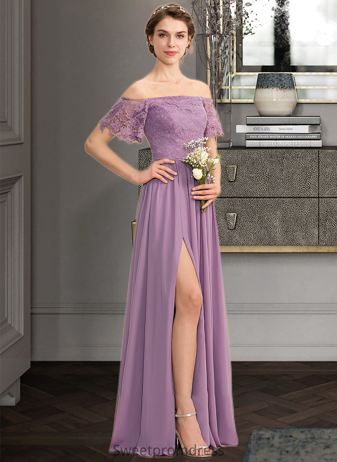 Izabelle A-Line Off-the-Shoulder Floor-Length Chiffon Lace Bridesmaid Dress With Split Front DHP0013066