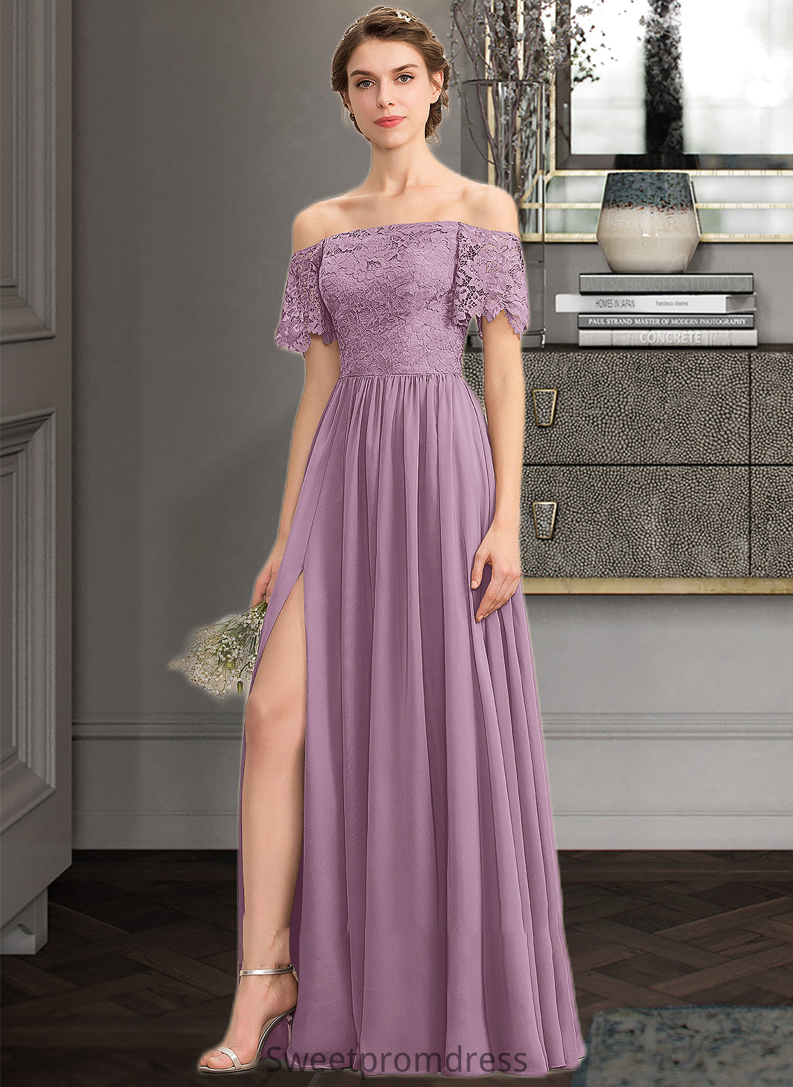 Izabelle A-Line Off-the-Shoulder Floor-Length Chiffon Lace Bridesmaid Dress With Split Front DHP0013066