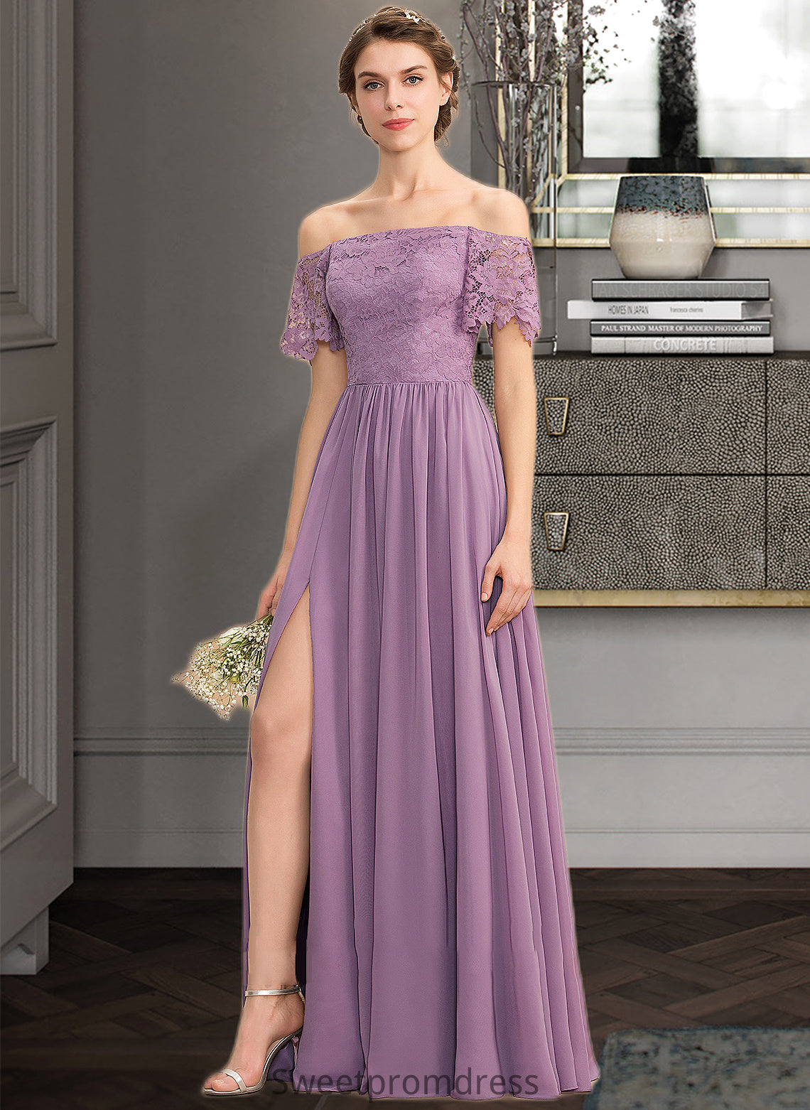 Izabelle A-Line Off-the-Shoulder Floor-Length Chiffon Lace Bridesmaid Dress With Split Front DHP0013066