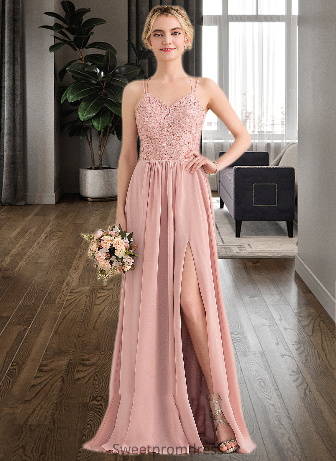 Kailey A-Line Sweetheart Floor-Length Chiffon Lace Bridesmaid Dress With Split Front DHP0013068