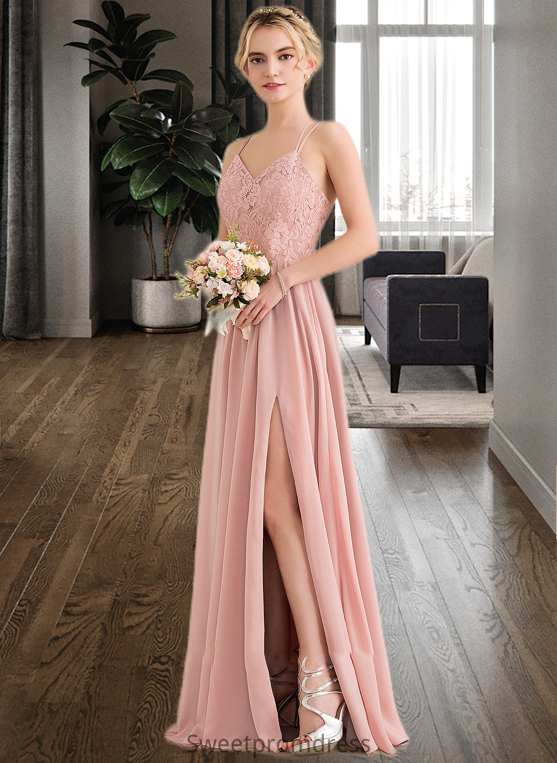 Kailey A-Line Sweetheart Floor-Length Chiffon Lace Bridesmaid Dress With Split Front DHP0013068