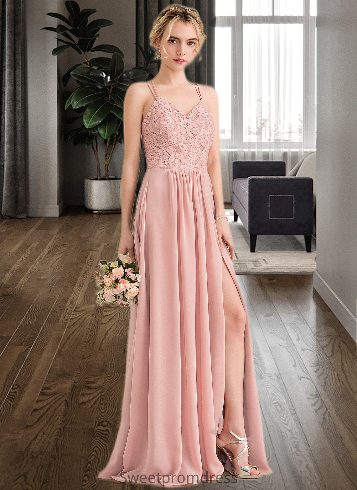 Kailey A-Line Sweetheart Floor-Length Chiffon Lace Bridesmaid Dress With Split Front DHP0013068