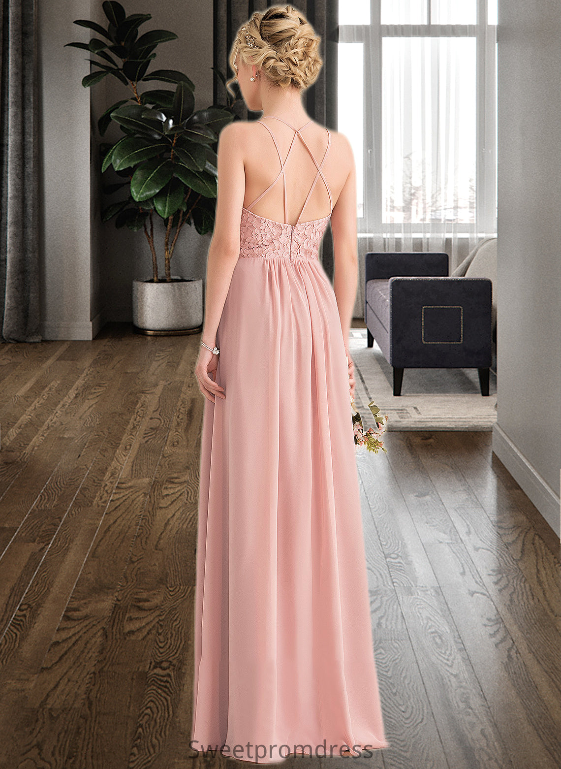 Kailey A-Line Sweetheart Floor-Length Chiffon Lace Bridesmaid Dress With Split Front DHP0013068