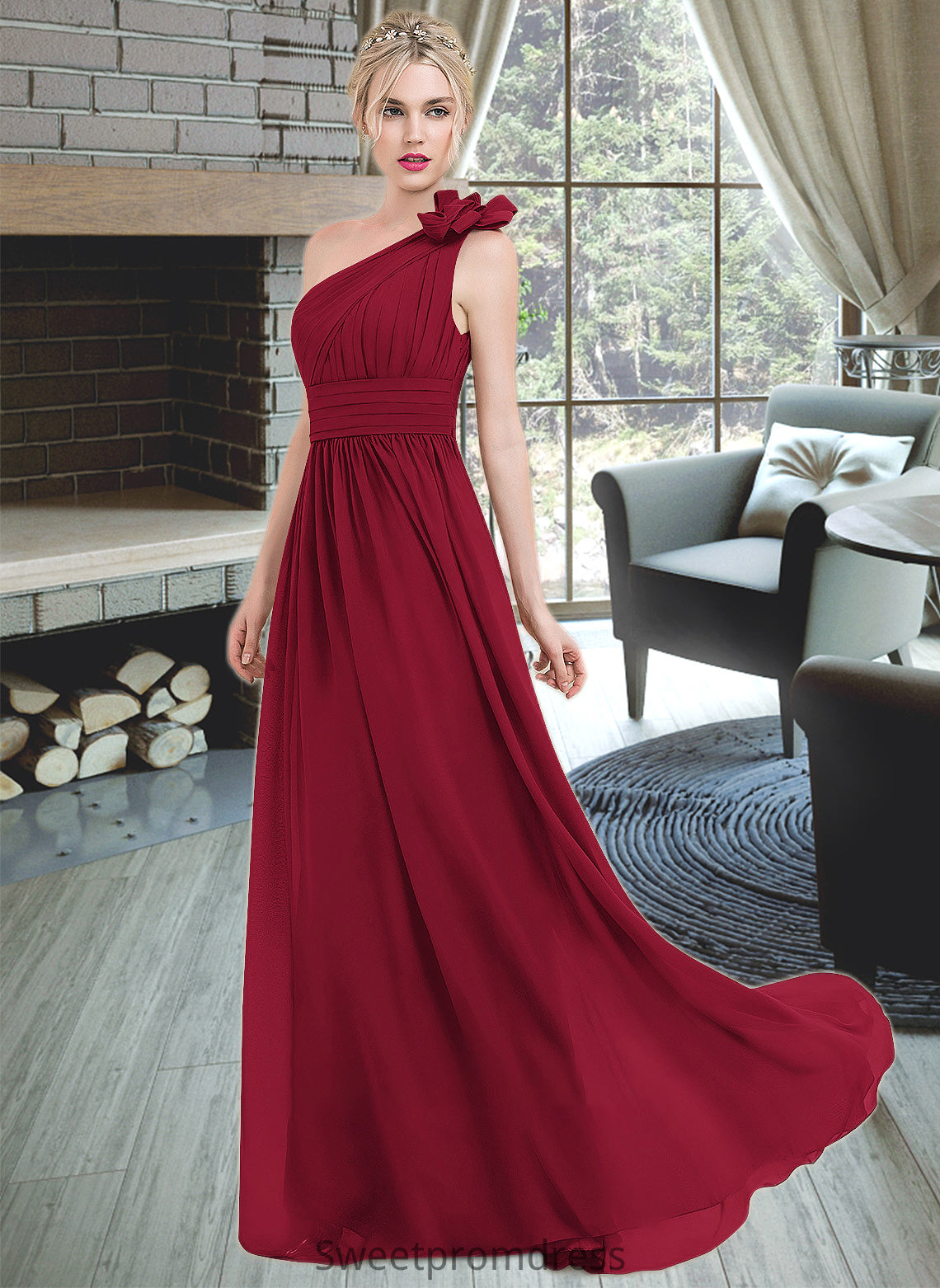 Virginia A-Line One-Shoulder Floor-Length Chiffon Bridesmaid Dress With Ruffle Flower(s) DHP0013069