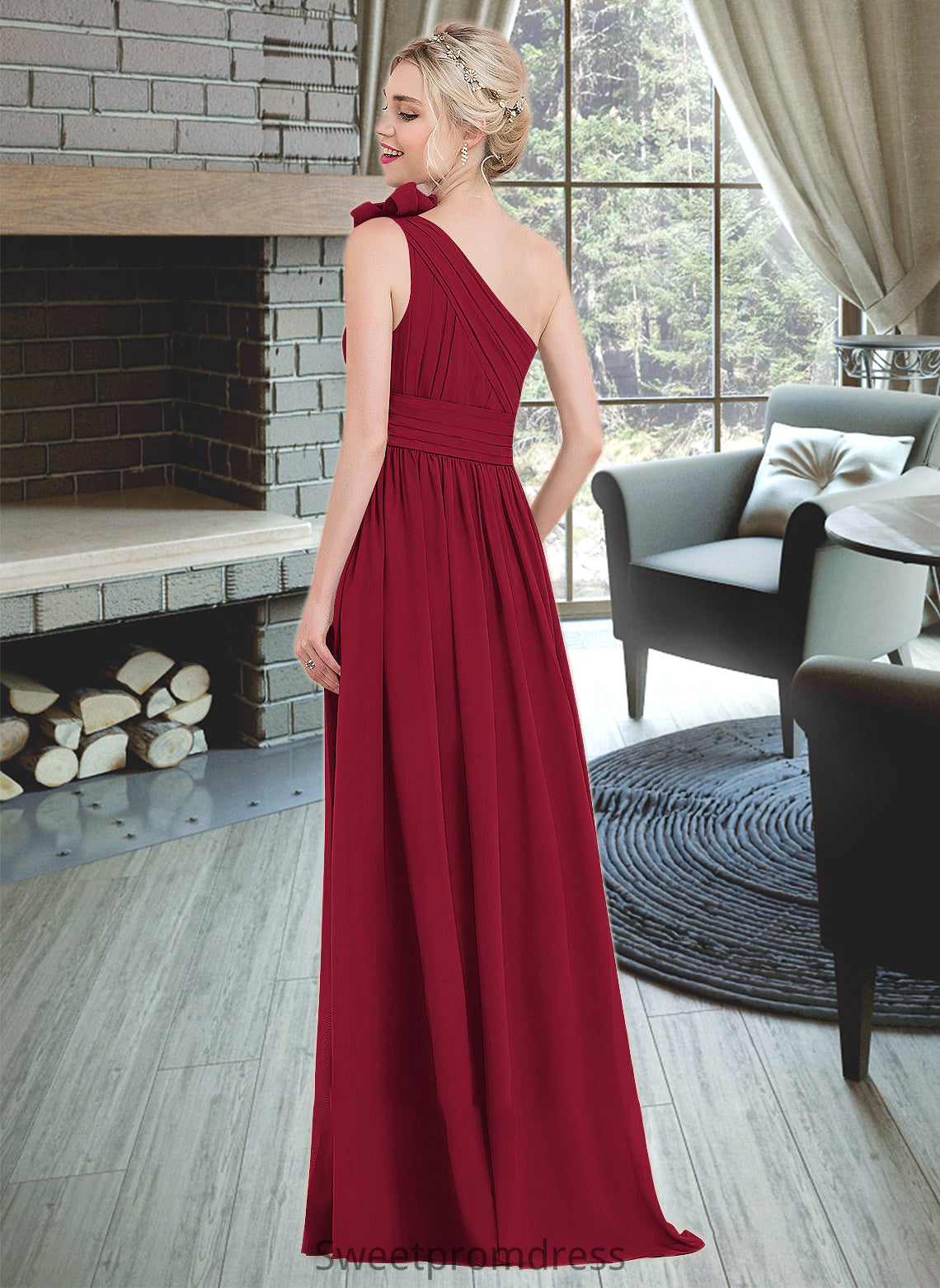 Virginia A-Line One-Shoulder Floor-Length Chiffon Bridesmaid Dress With Ruffle Flower(s) DHP0013069