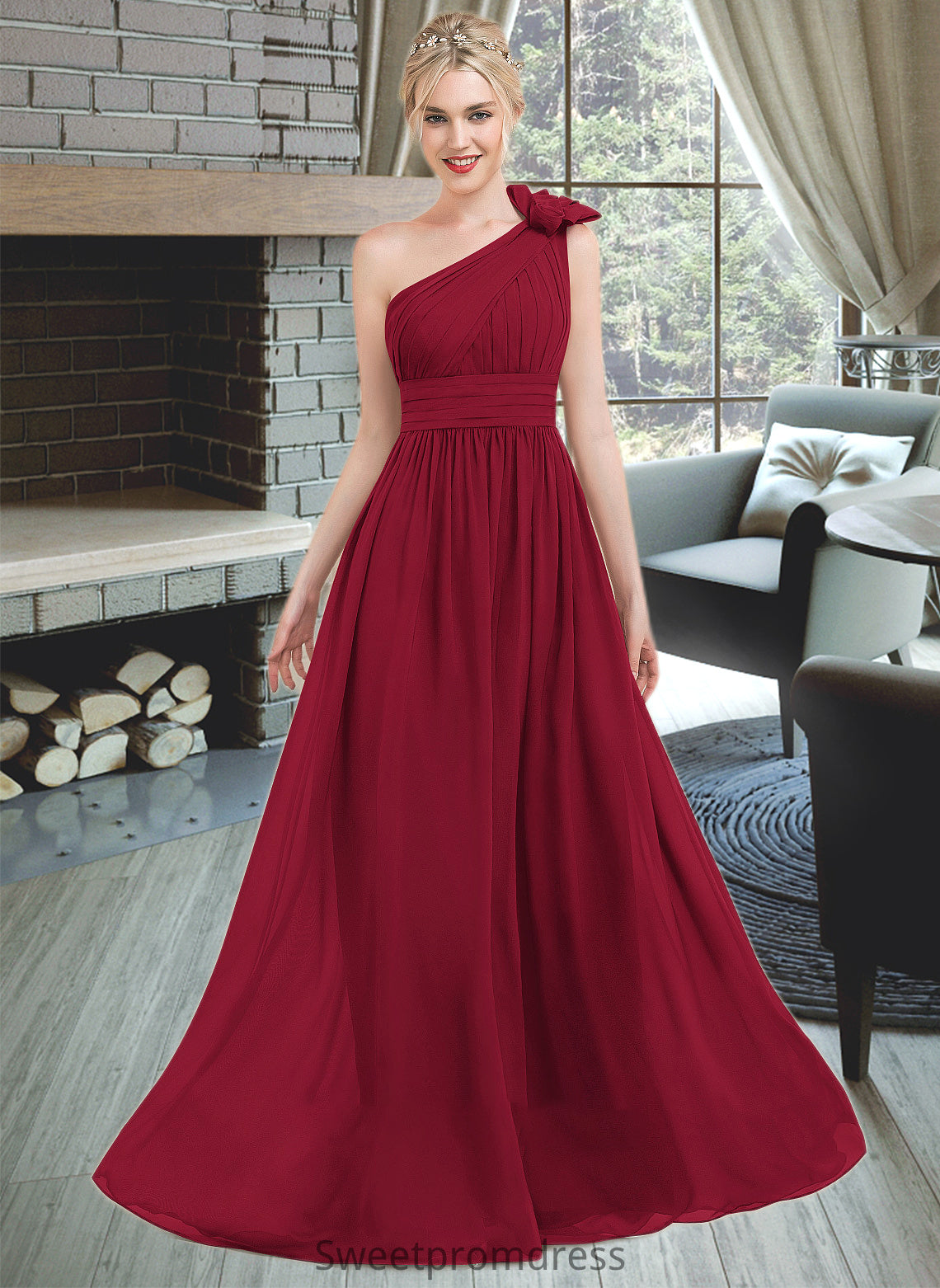 Virginia A-Line One-Shoulder Floor-Length Chiffon Bridesmaid Dress With Ruffle Flower(s) DHP0013069