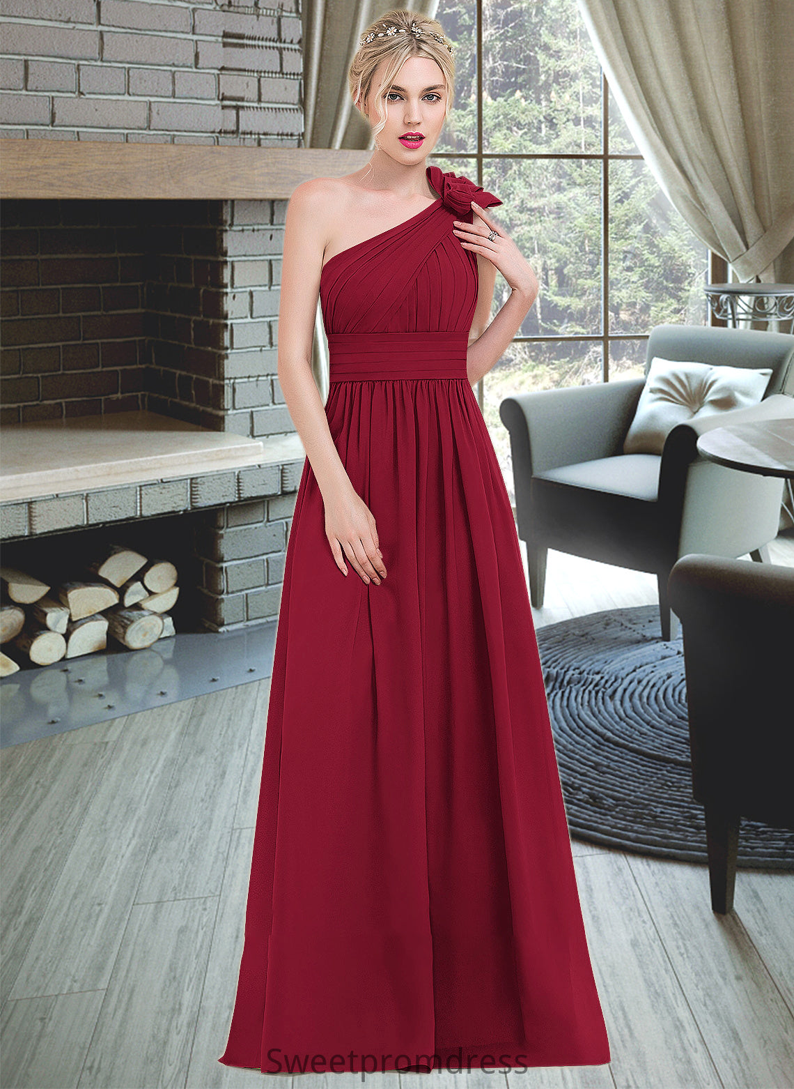 Virginia A-Line One-Shoulder Floor-Length Chiffon Bridesmaid Dress With Ruffle Flower(s) DHP0013069