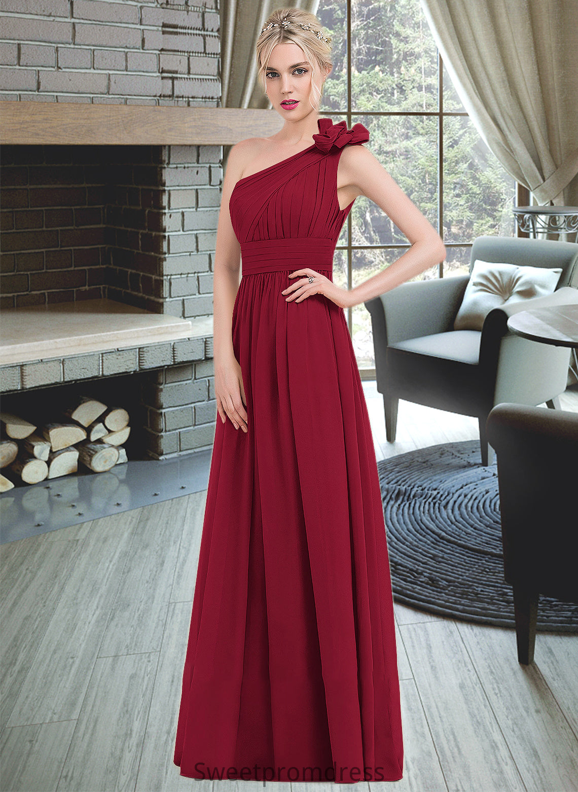 Virginia A-Line One-Shoulder Floor-Length Chiffon Bridesmaid Dress With Ruffle Flower(s) DHP0013069