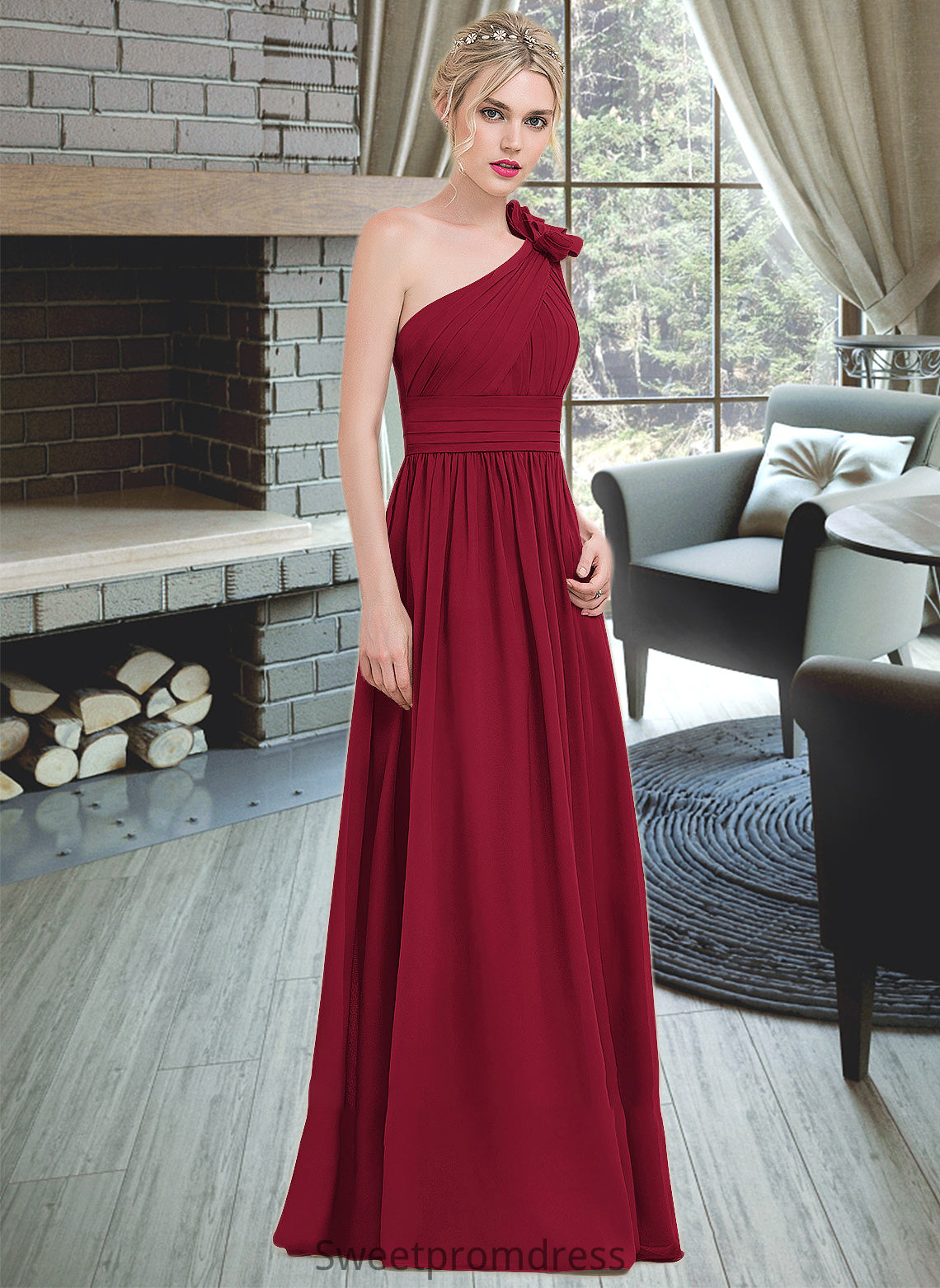 Virginia A-Line One-Shoulder Floor-Length Chiffon Bridesmaid Dress With Ruffle Flower(s) DHP0013069