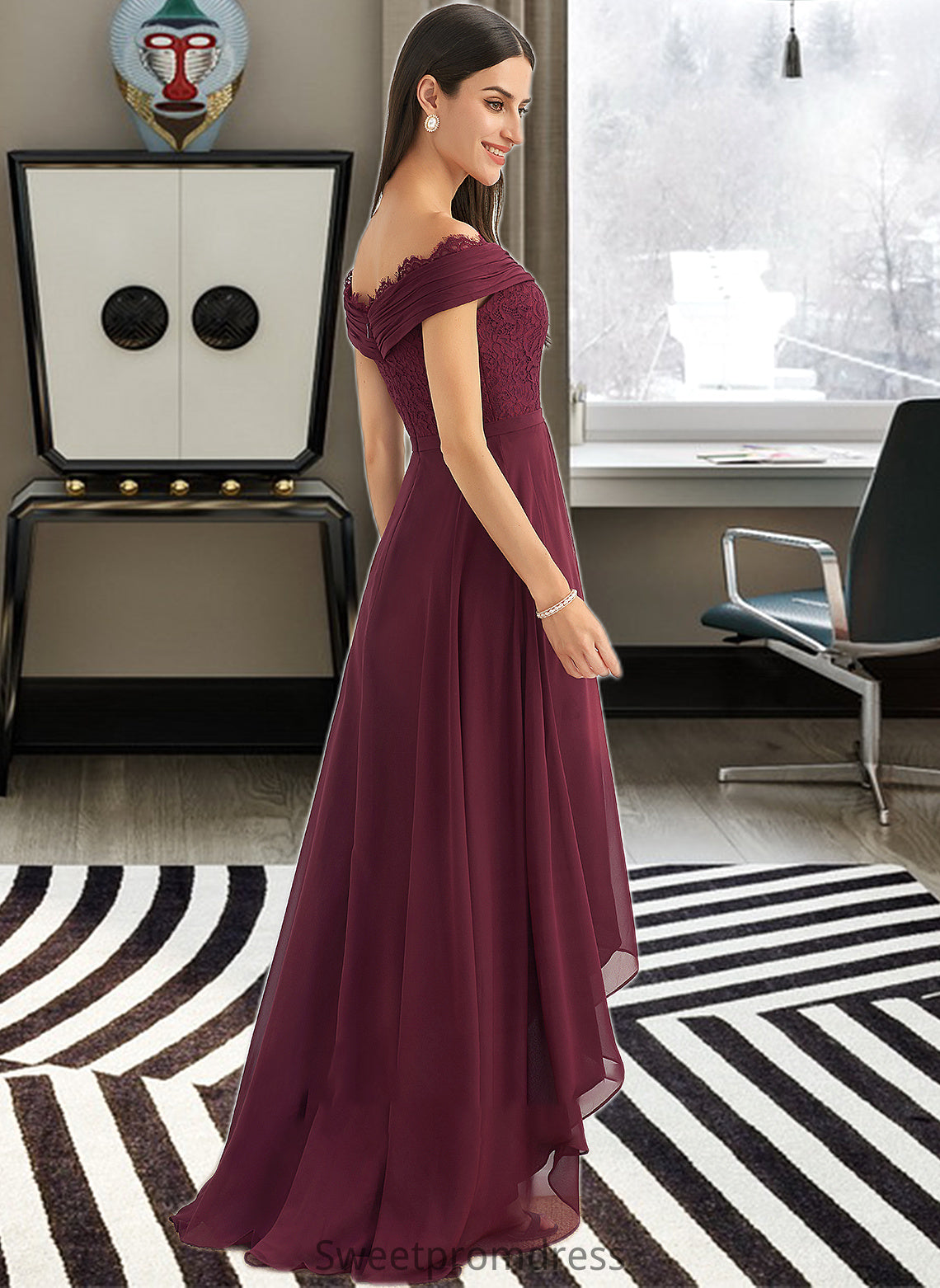 Joselyn A-Line Off-the-Shoulder Asymmetrical Bridesmaid Dress With Lace DHP0013070