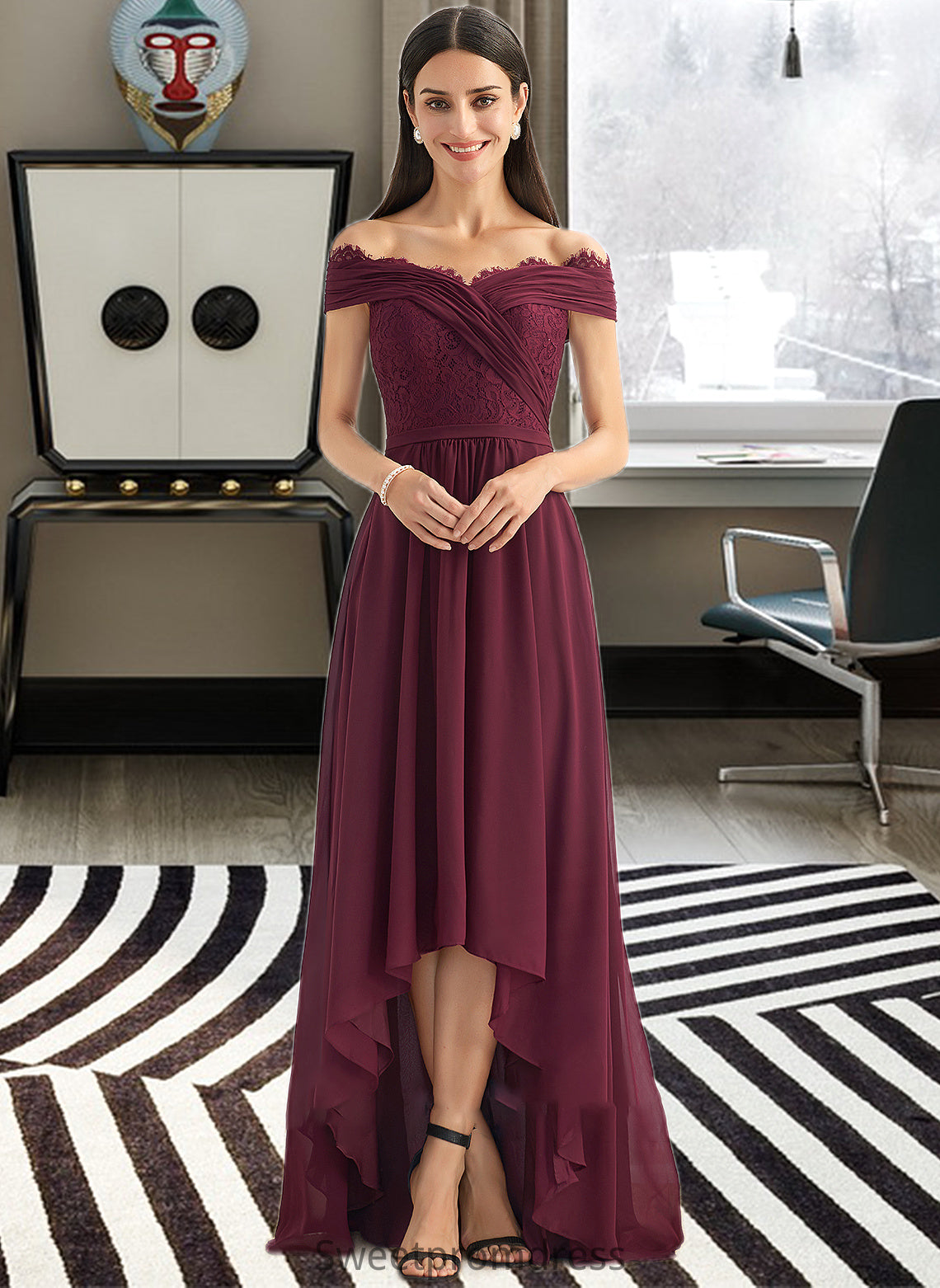 Joselyn A-Line Off-the-Shoulder Asymmetrical Bridesmaid Dress With Lace DHP0013070